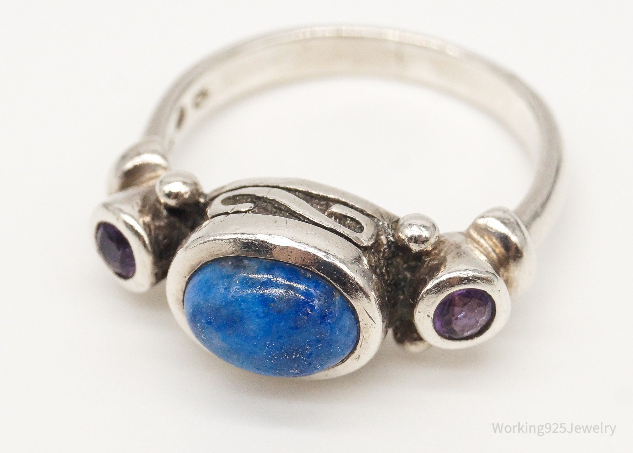 Vintage Lapis Lazuli Amethyst Sterling Silver Ring - Size 6.75