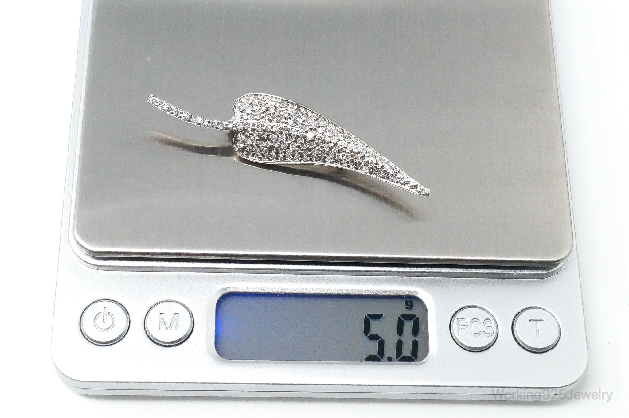 Vintage Cubic Zirconia Leaf Sterling Silver Brooch Pin