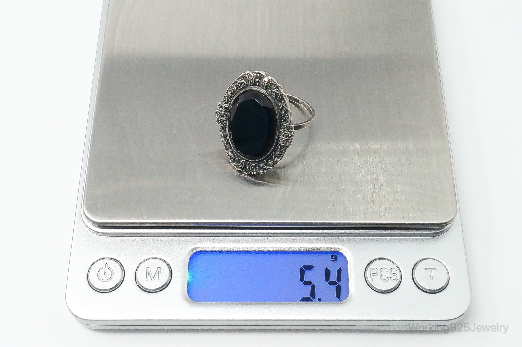 Antique Black Onyx Marcasite Sterling Silver Ring - Size 10.25