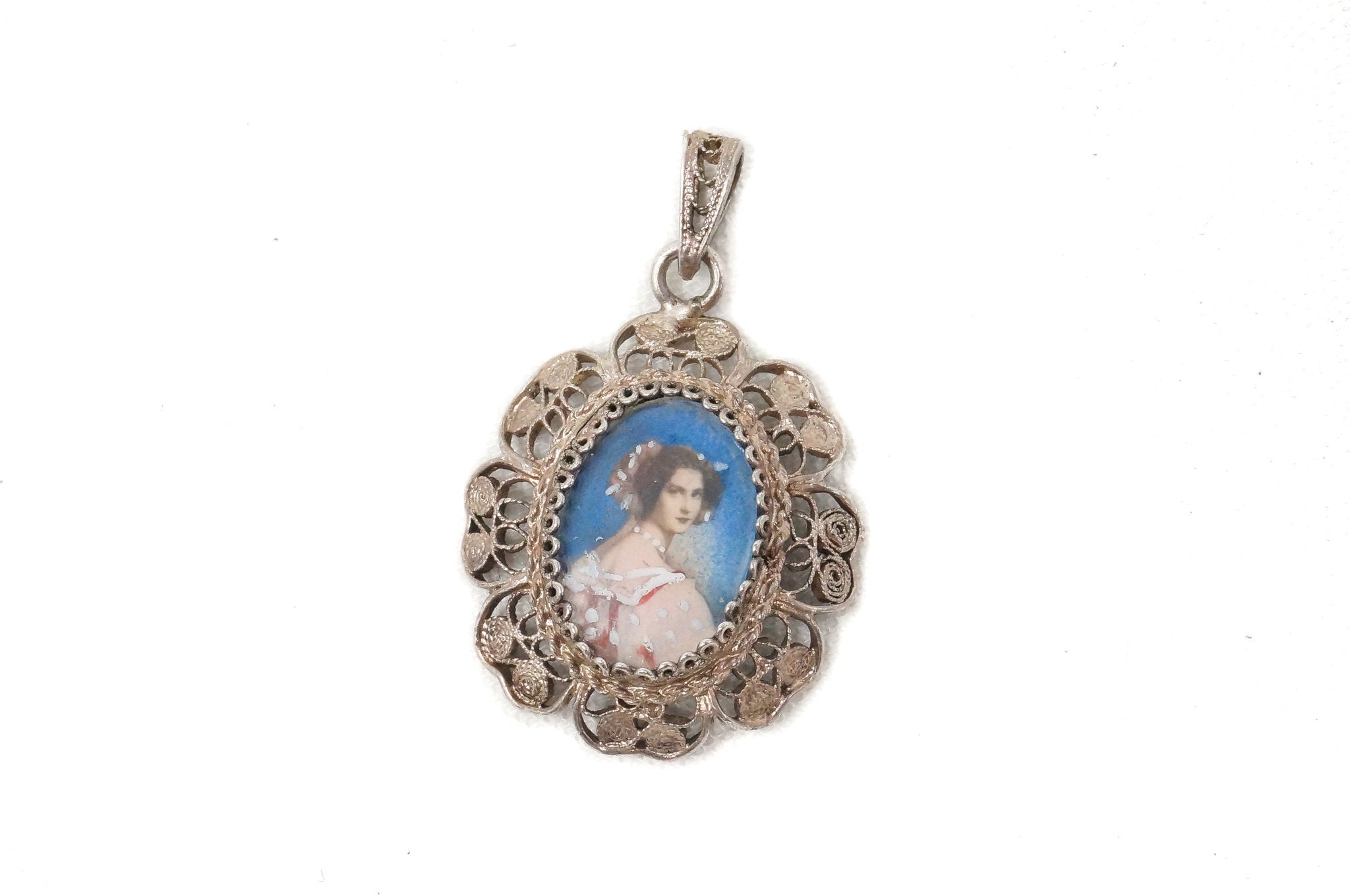 Antique Edwardian Woman Filigree Sterling Silver Necklace Pendant