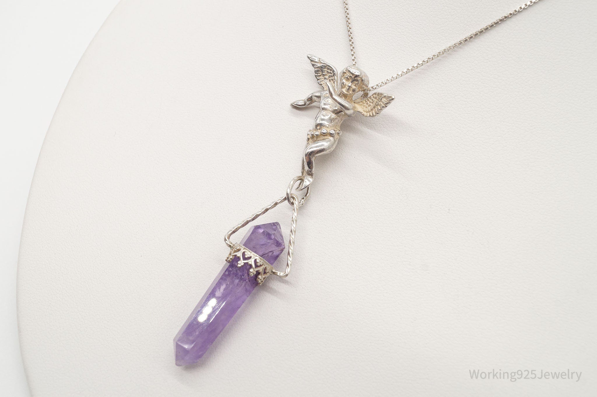 Vintage Amethyst Crystal Cherub Sterling Silver Necklace