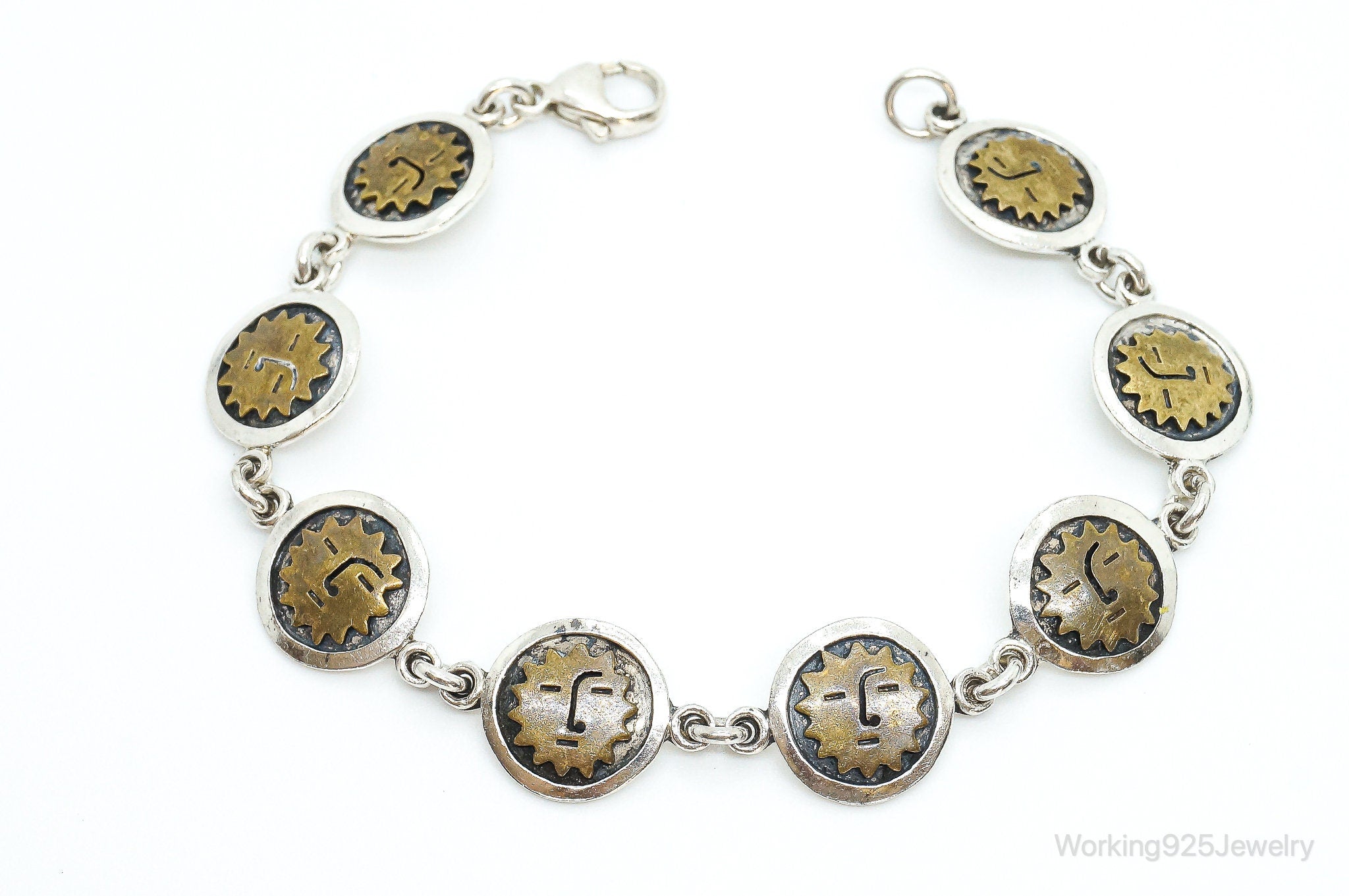 Vintage Designer Sun Faces Brass Sterling Silver Bracelet