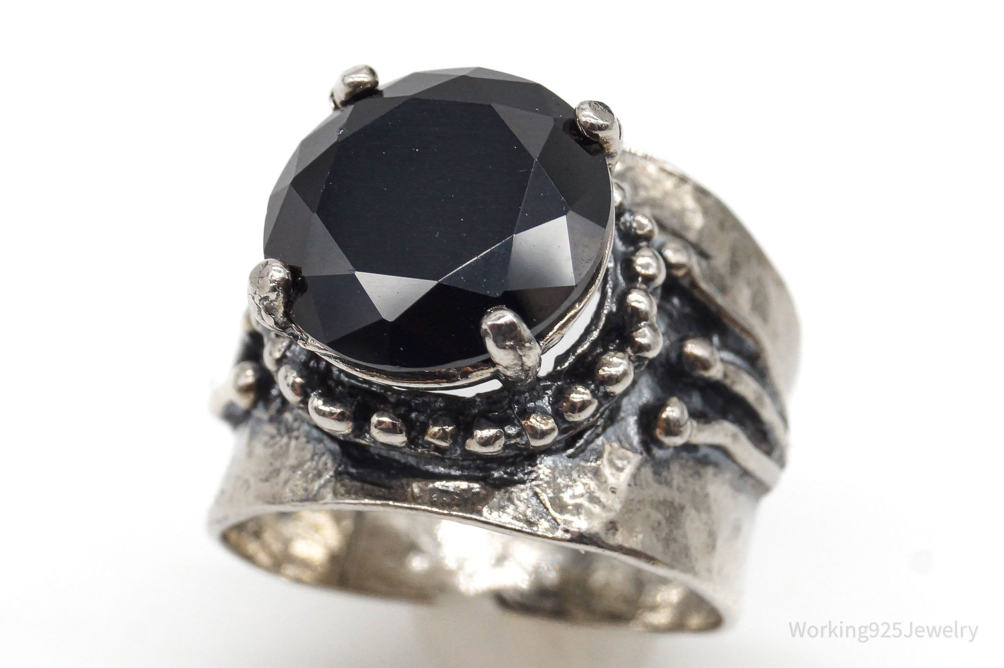 Vintage Black Onyx Brutalist Style Sterling Silver Ring - Size 7.25