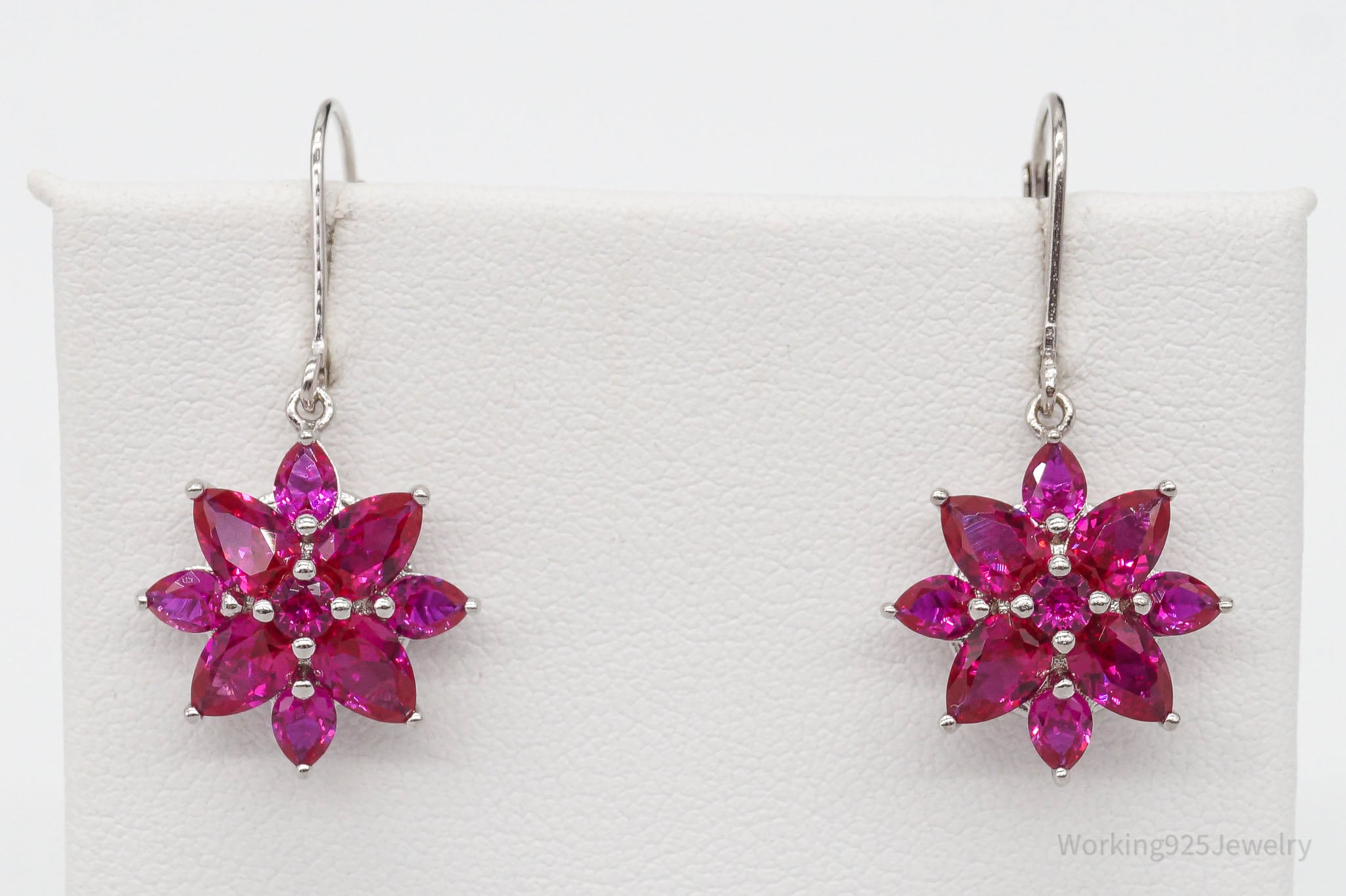 Designer BBJ Lab Ruby Rhodium Over Sterling Silver Flowers Earrings