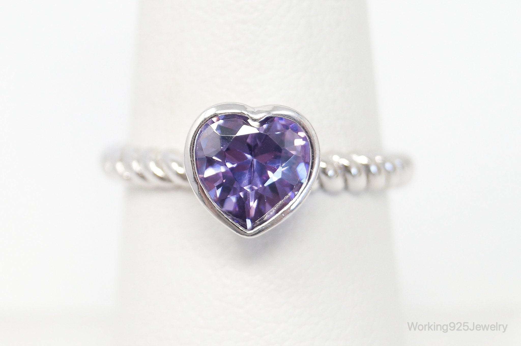 Vintage Amethyst Heart Cable Sterling Silver Ring Size 7