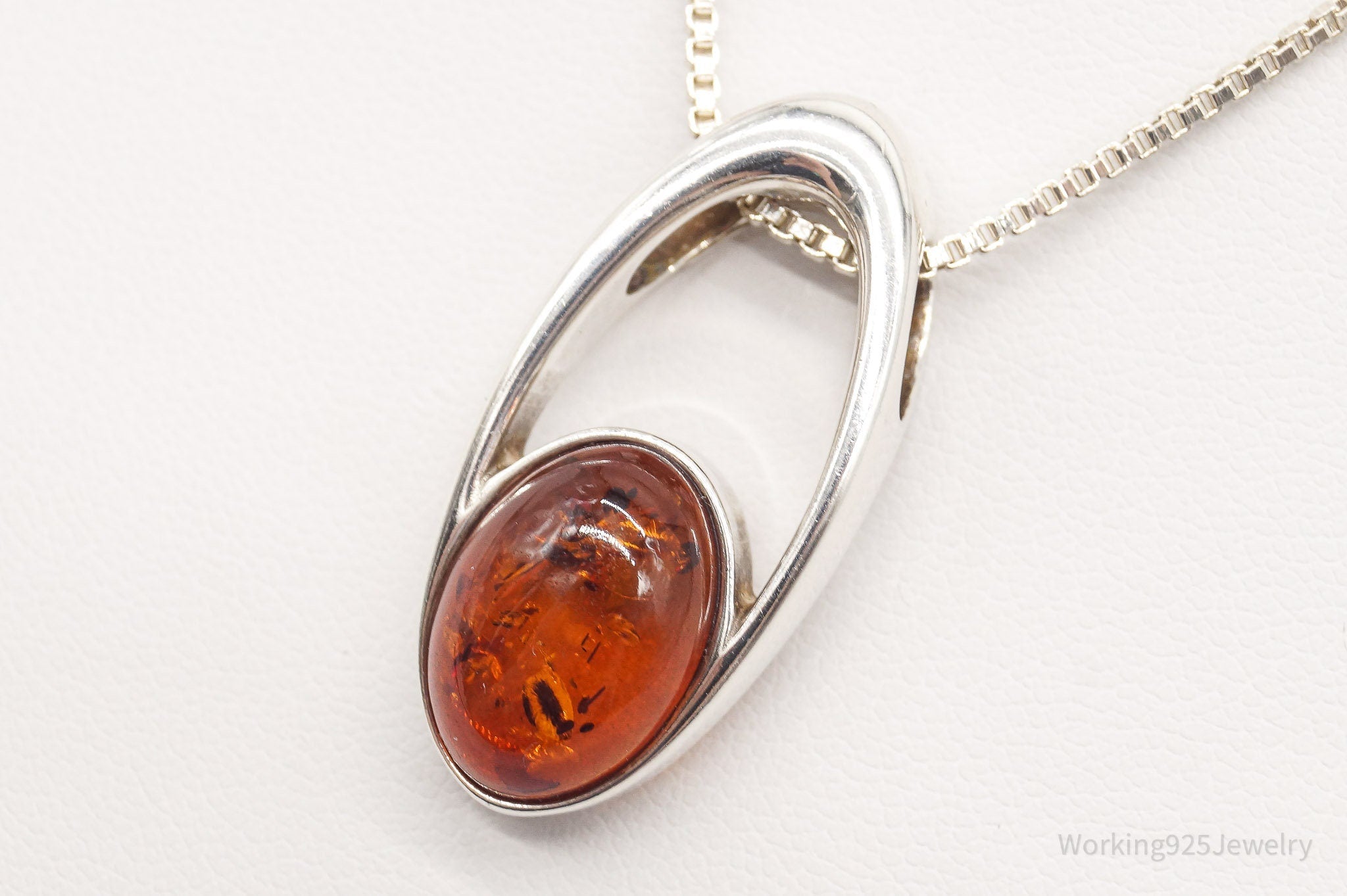 Vintage Amber Modernist Sterling Silver Chain Necklace