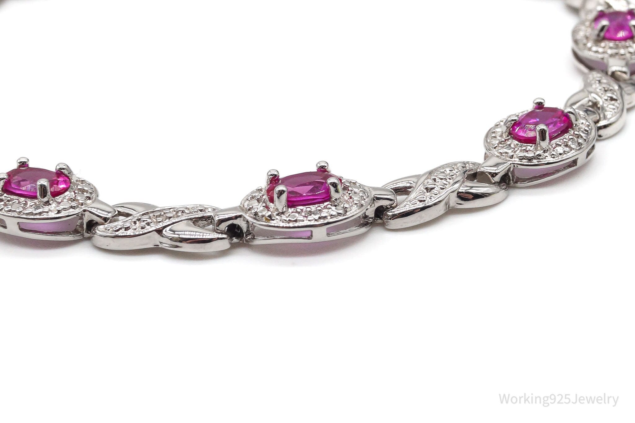 Designer Ross Simons Lab Pink Sapphires & 1 Diamond Sterling Silver Bracelet