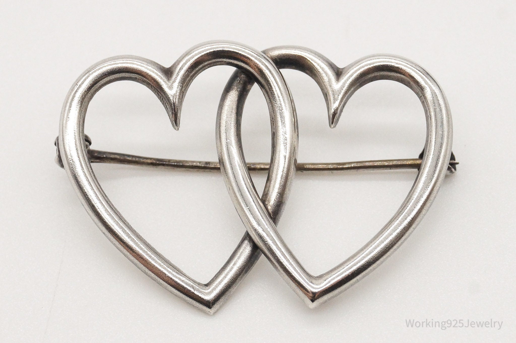 Antique Linked Hearts Sterling Silver Brooch Pin