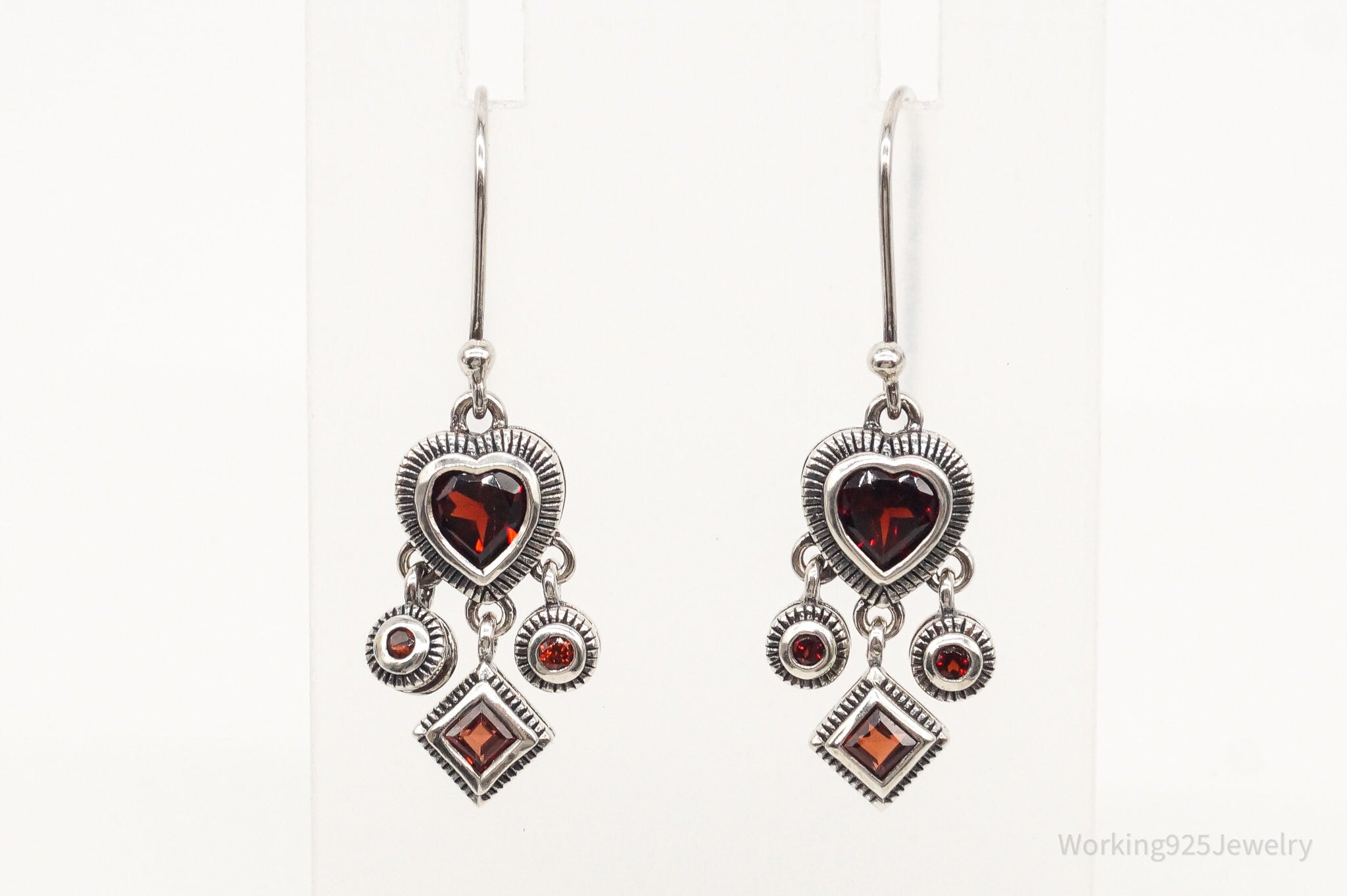 Vintage Garnet Hearts Sterling Silver Earrings