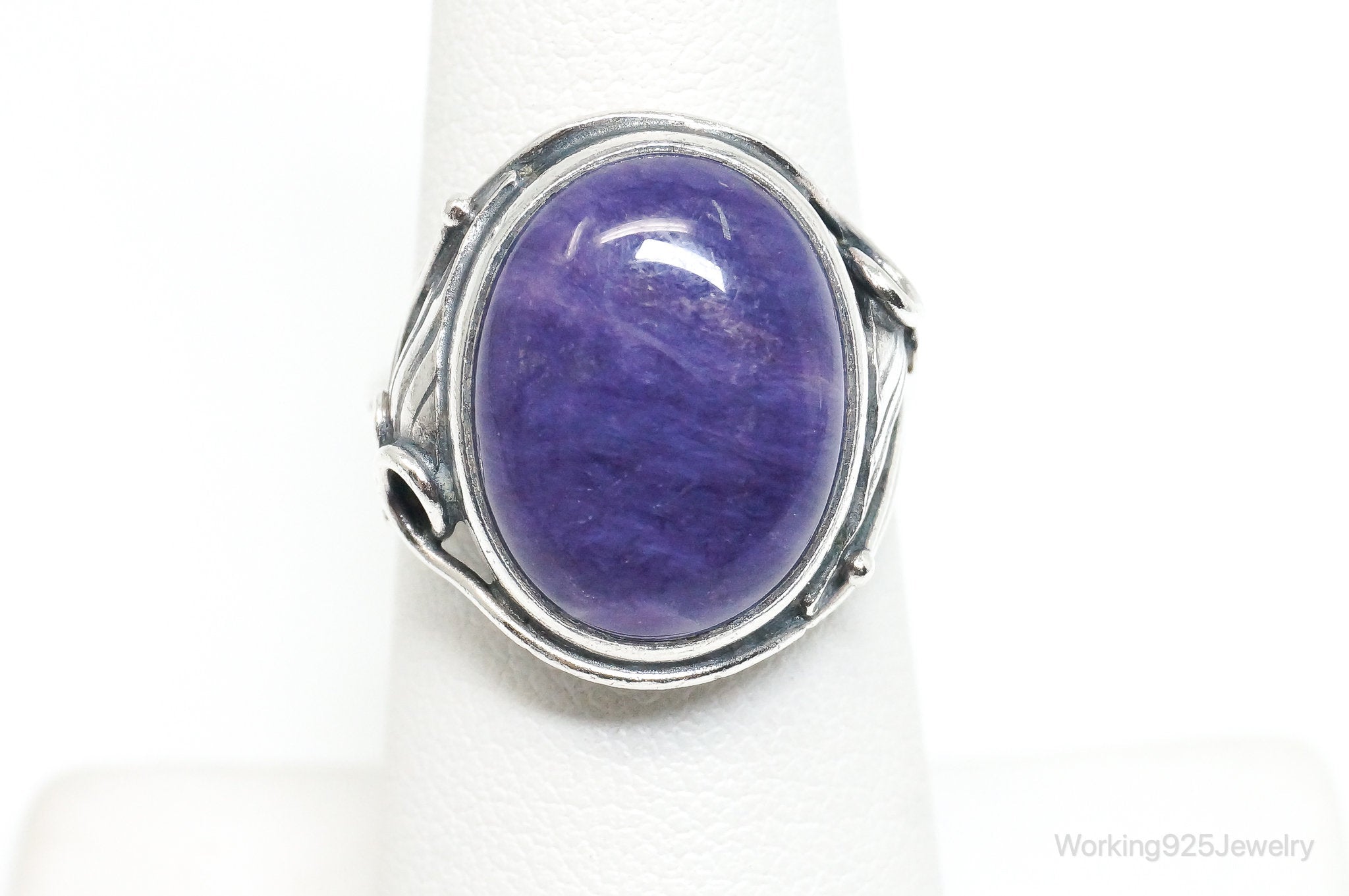 Vintage Designer WS Large Charoite Modernist Sterling Silver Ring - Size 6.5