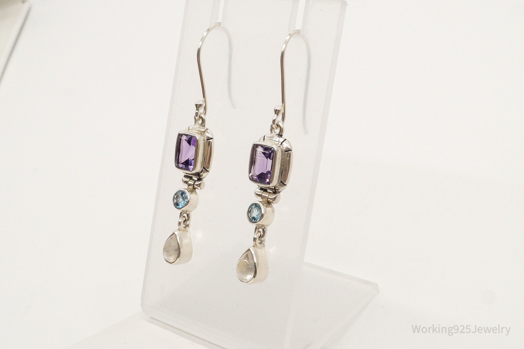 Vintage Amethyst Blue Topaz Moonstone Sterling Silver Earrings