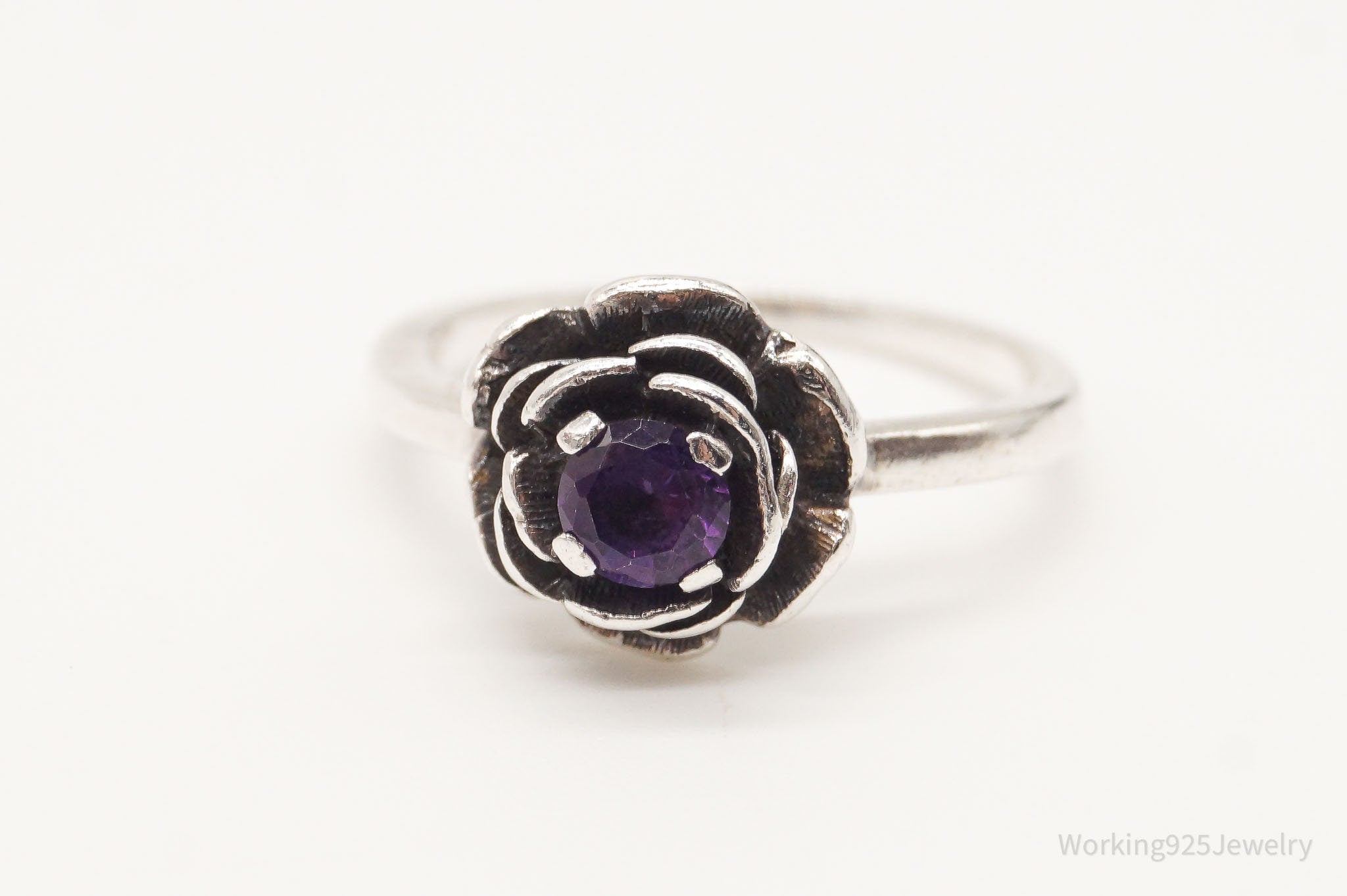 Vintage Amethyst Flower Sterling Silver Ring - Size 4