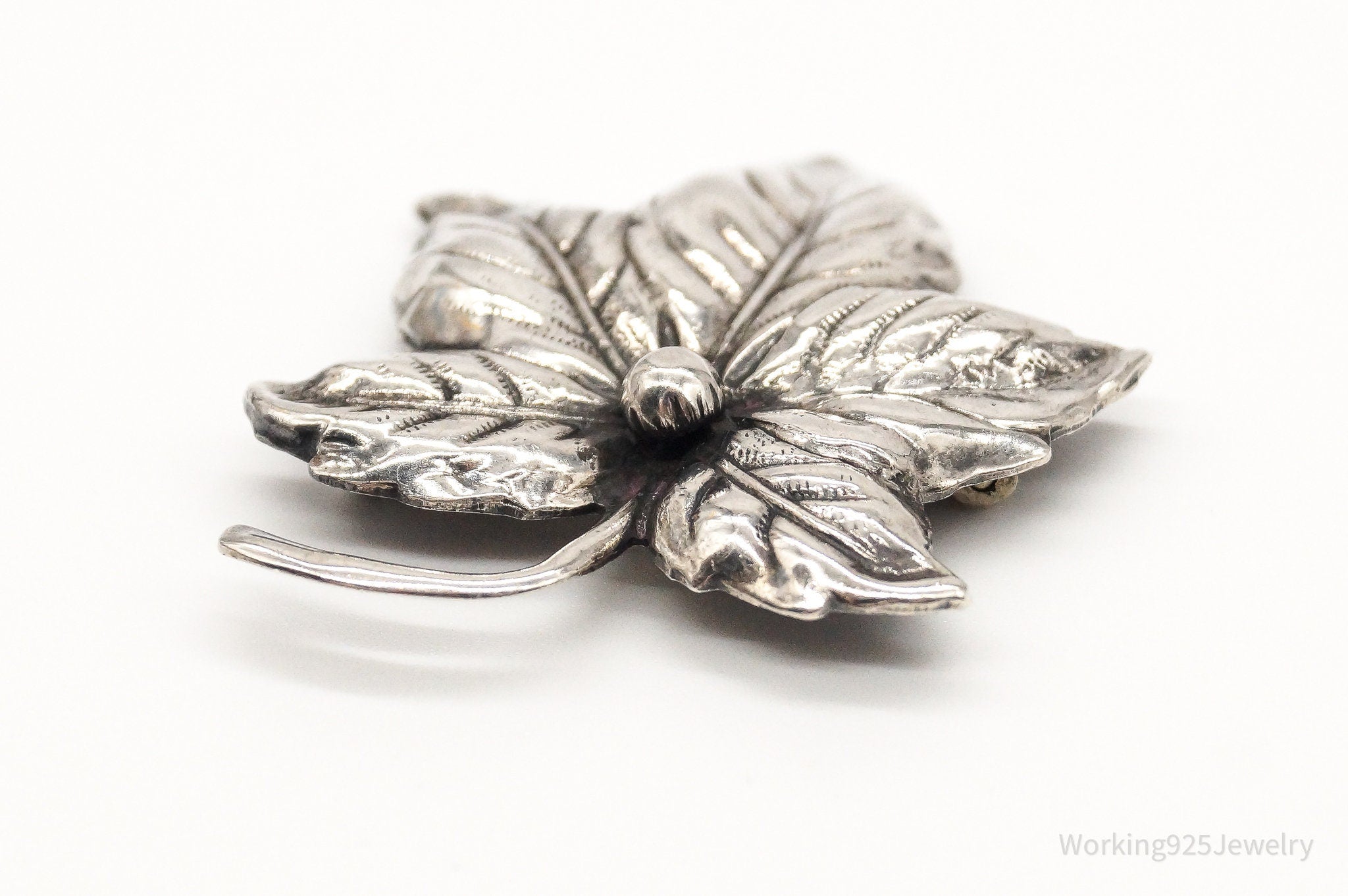 Large Antique Sterling Silver Leaf Pin Brooch