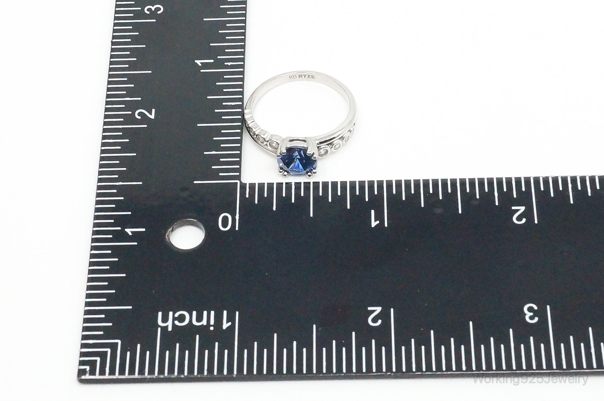 Blue & White Cubic Zirconia Sterling Silver Ring - Size 7