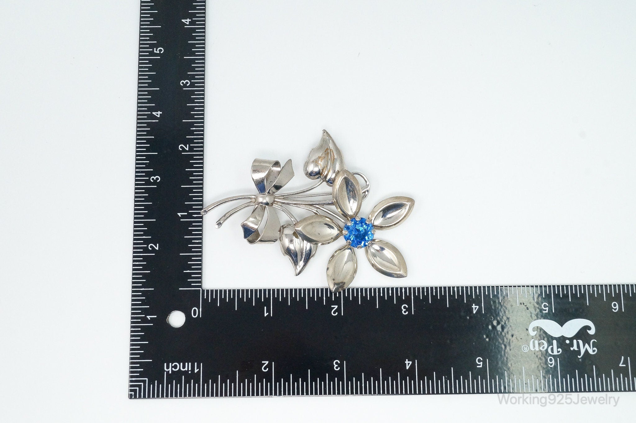 Antique Large Blue Art Glass Flower Sterling Silver Brooch Pin