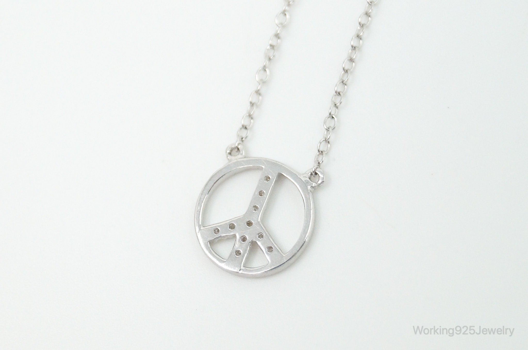 Vintage Cubic Zirconia Peace Sign Sterling Silver Necklace