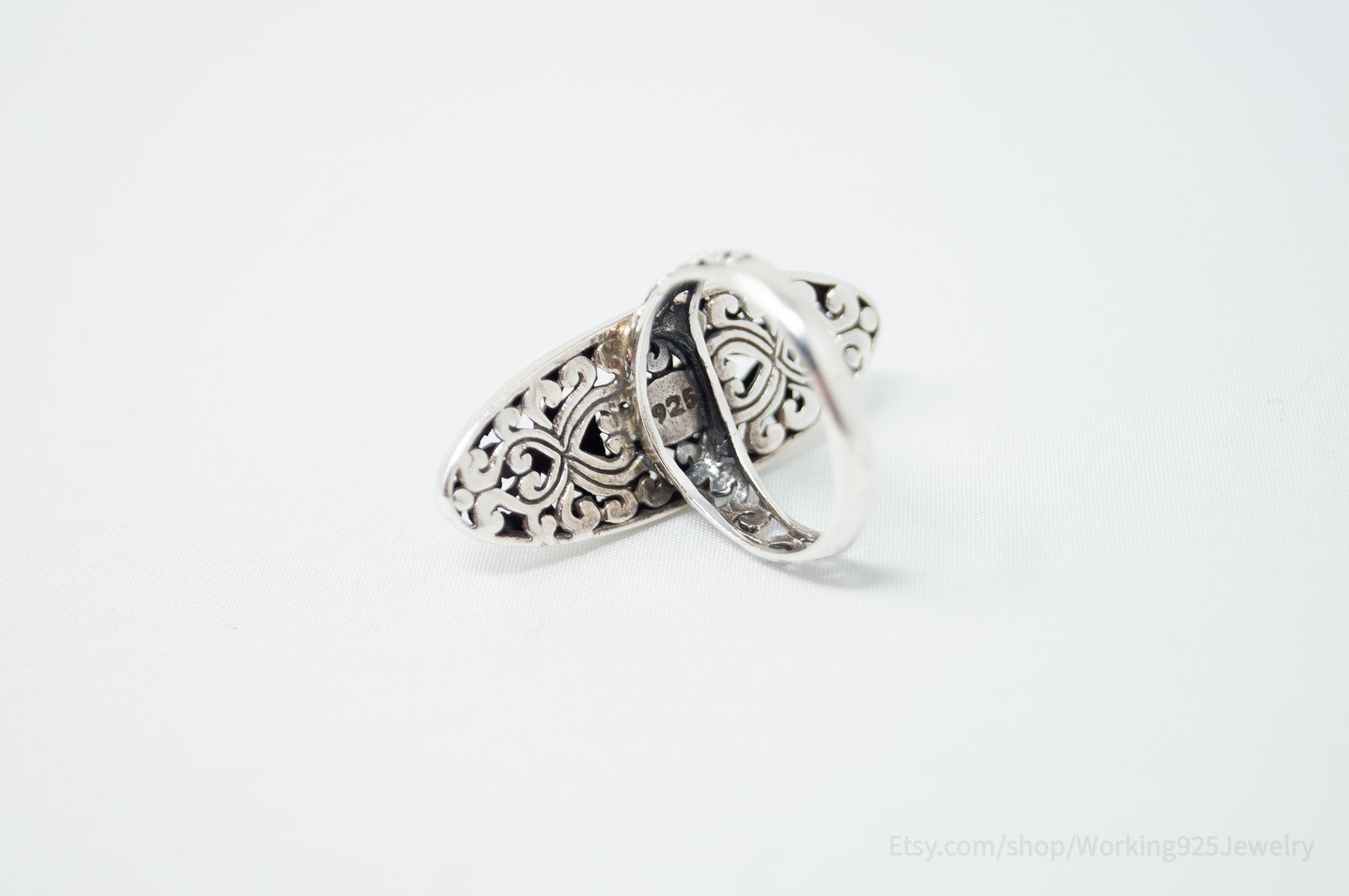 Vintage Bali Style Scroll Swirls Filigree Sterling Silver Band Ring - Size 7