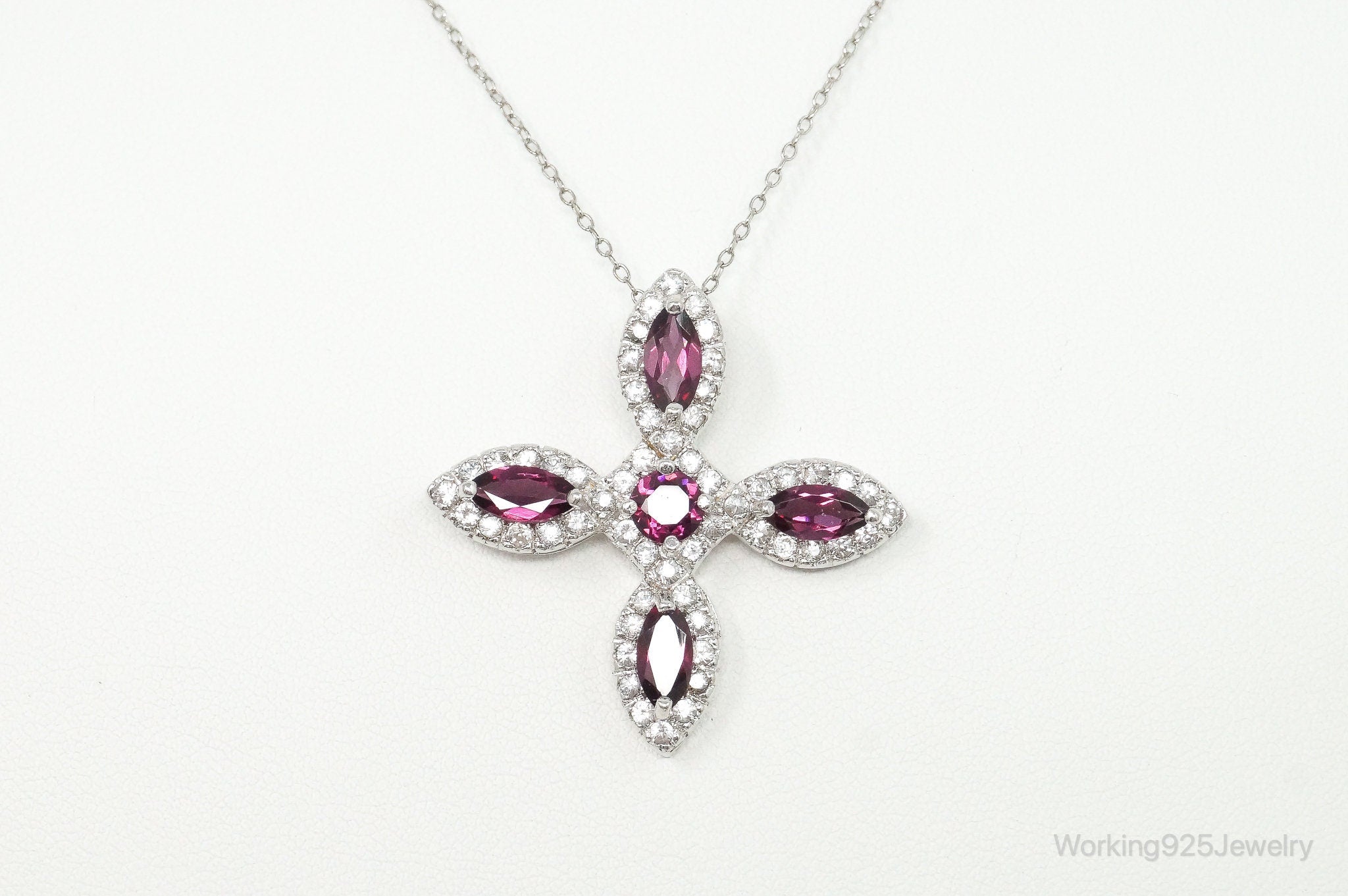 Large Rhodolite Garnet Cubic Zirconia Sterling Silver Necklace