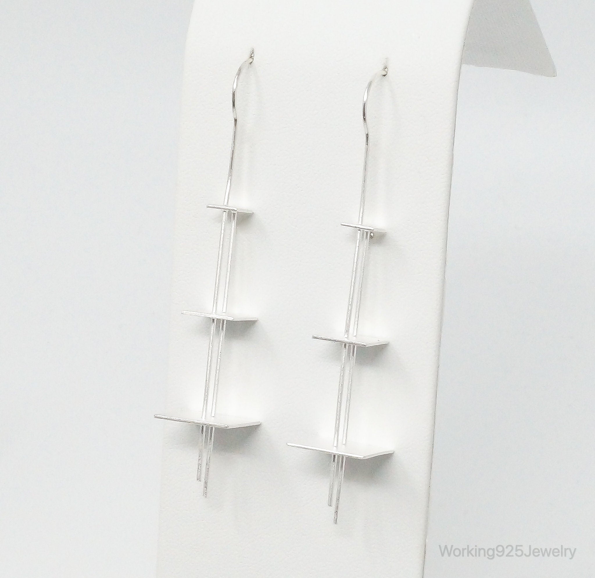 Vintage Designer KLM Long Sleek Modernist Sterling Silver Earrings