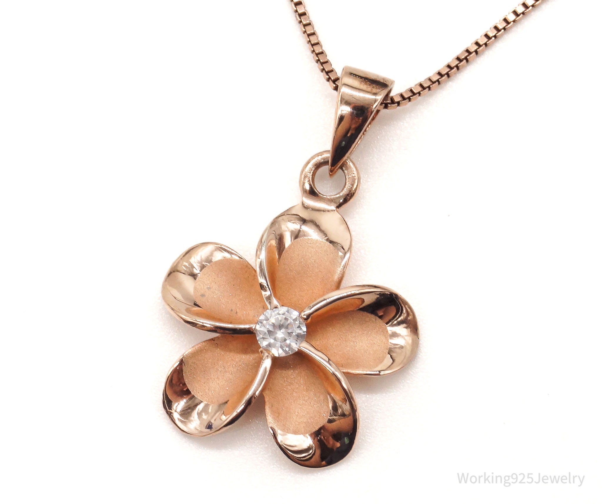 Vintage Cubic Zirconia Rose Gold Vermeil Sterling Silver Flower Necklace