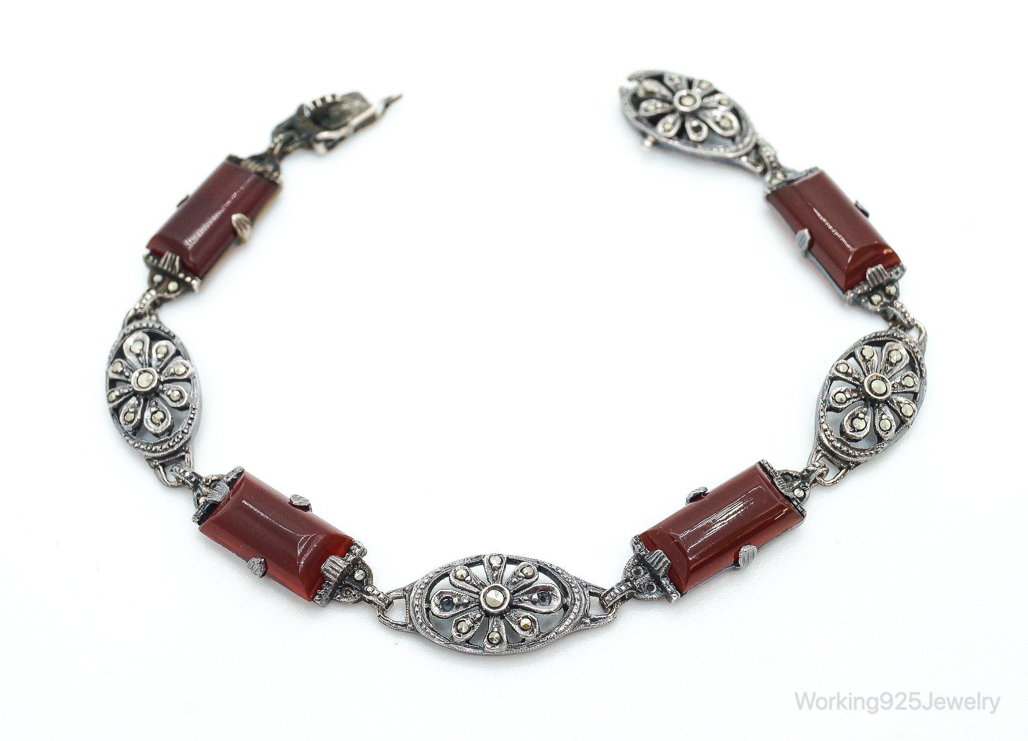 Antique Carnelian Marcasite Sterling Silver Bracelet