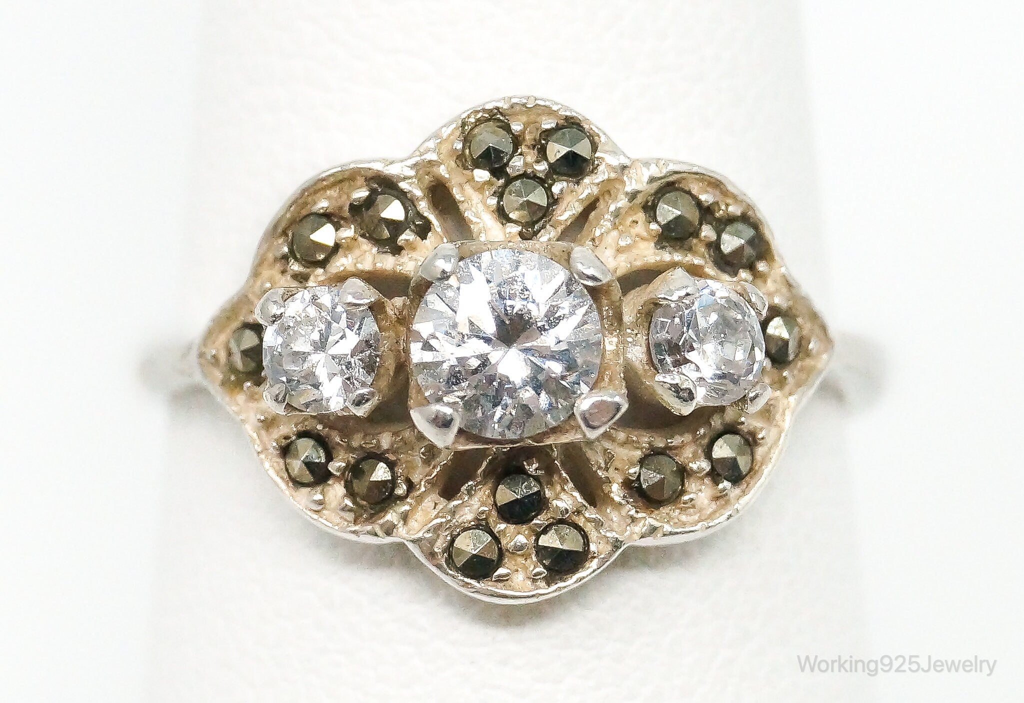 Vintage Cubic Zirconia Marcasite Sterling Silver Ring - Size 7