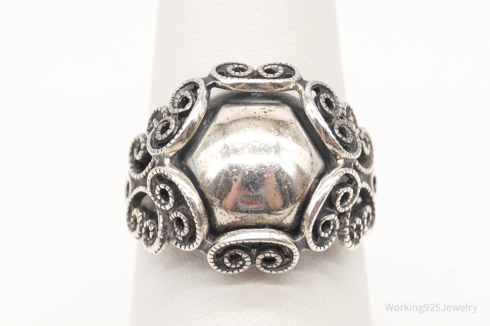 Vintage Antique Designer Beau Filigree Sterling Silver Ring - Size 6 Adjustable