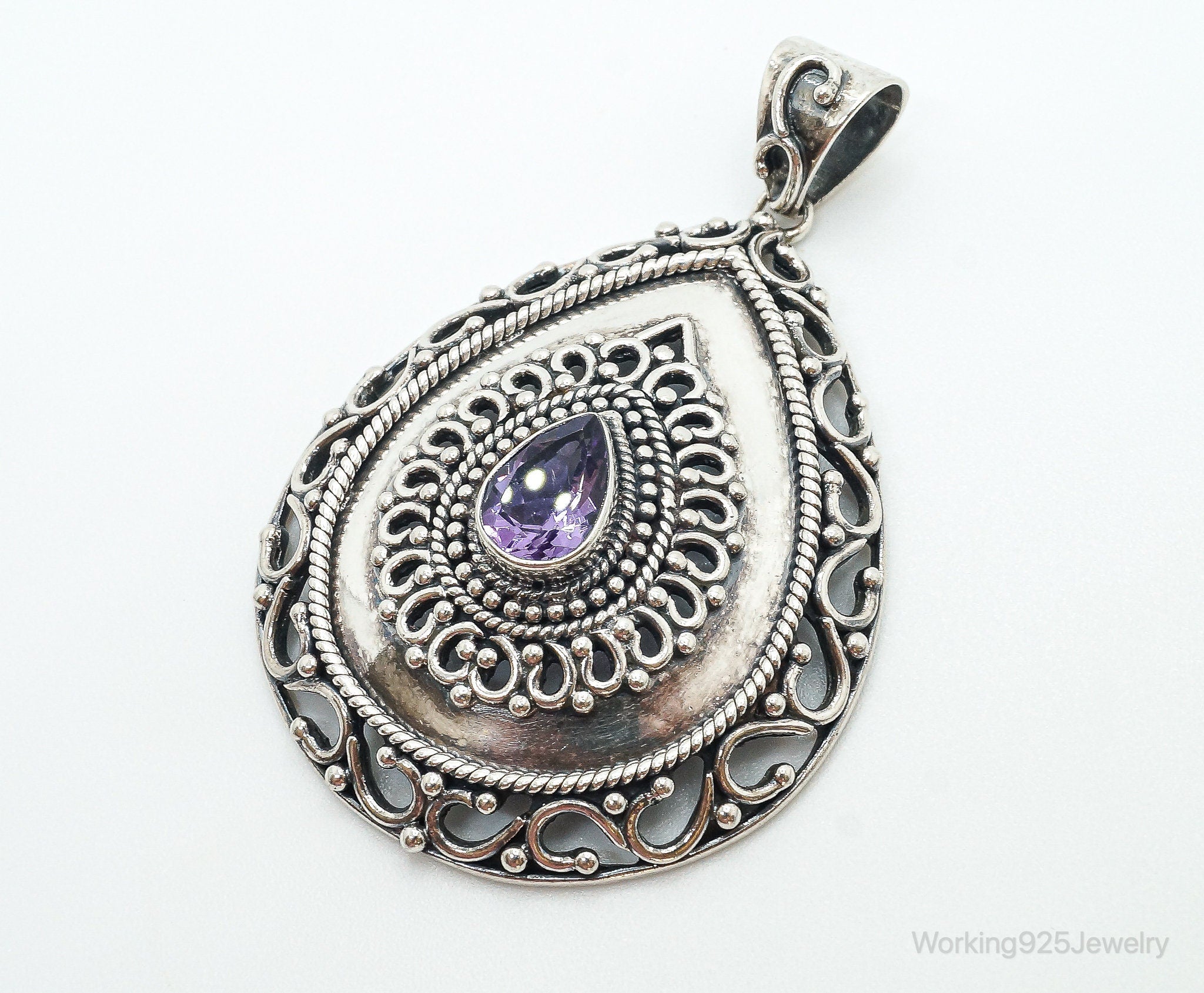 Designer Large Amethyst Bali Inspired Sterling Silver Pendant