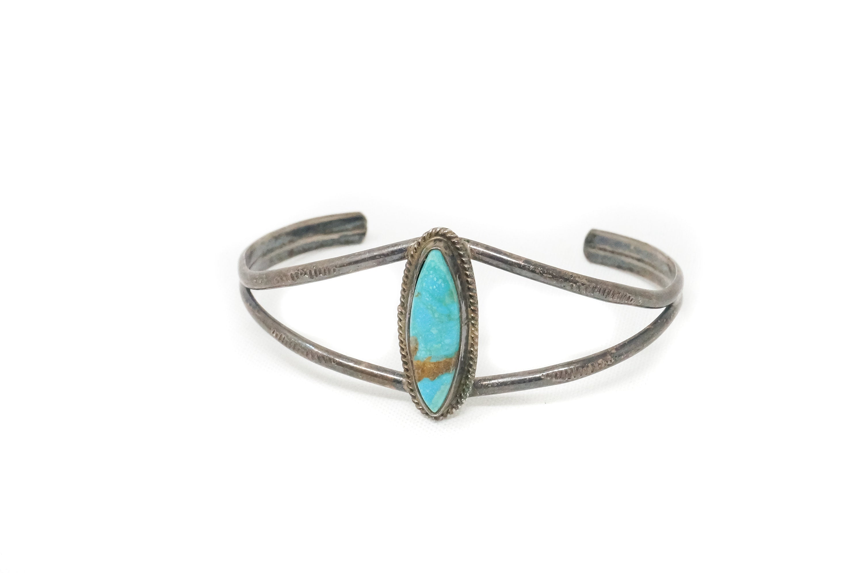 Vintage Handmade Turquoise Native Southwestern Stamp Sterling Cuff Bracelet