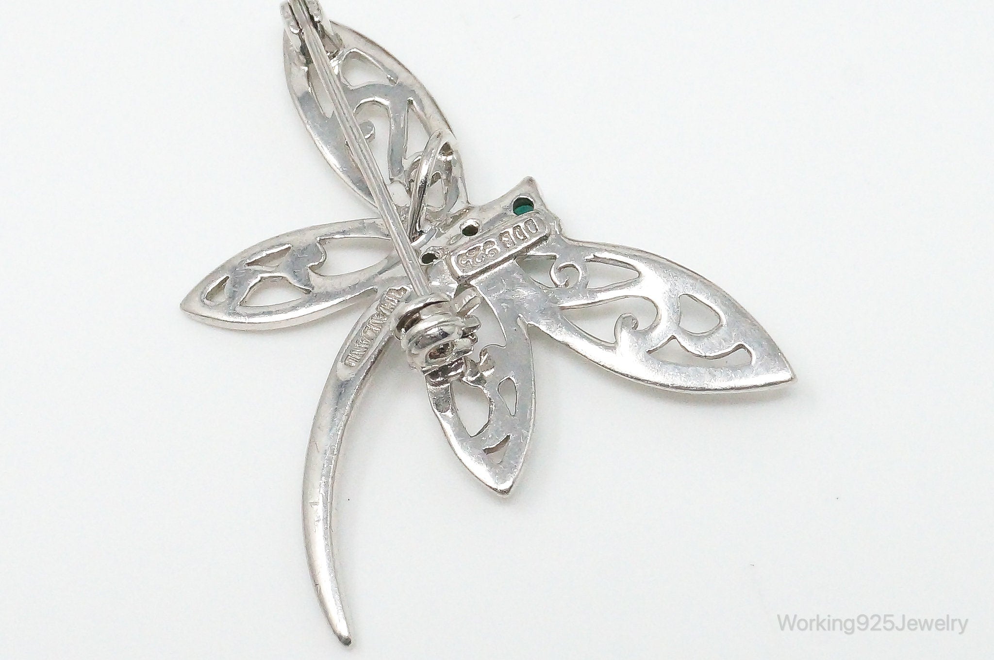 Vintage Emerald Dragonfly Sterling Silver Pin Brooch Necklace Pendant