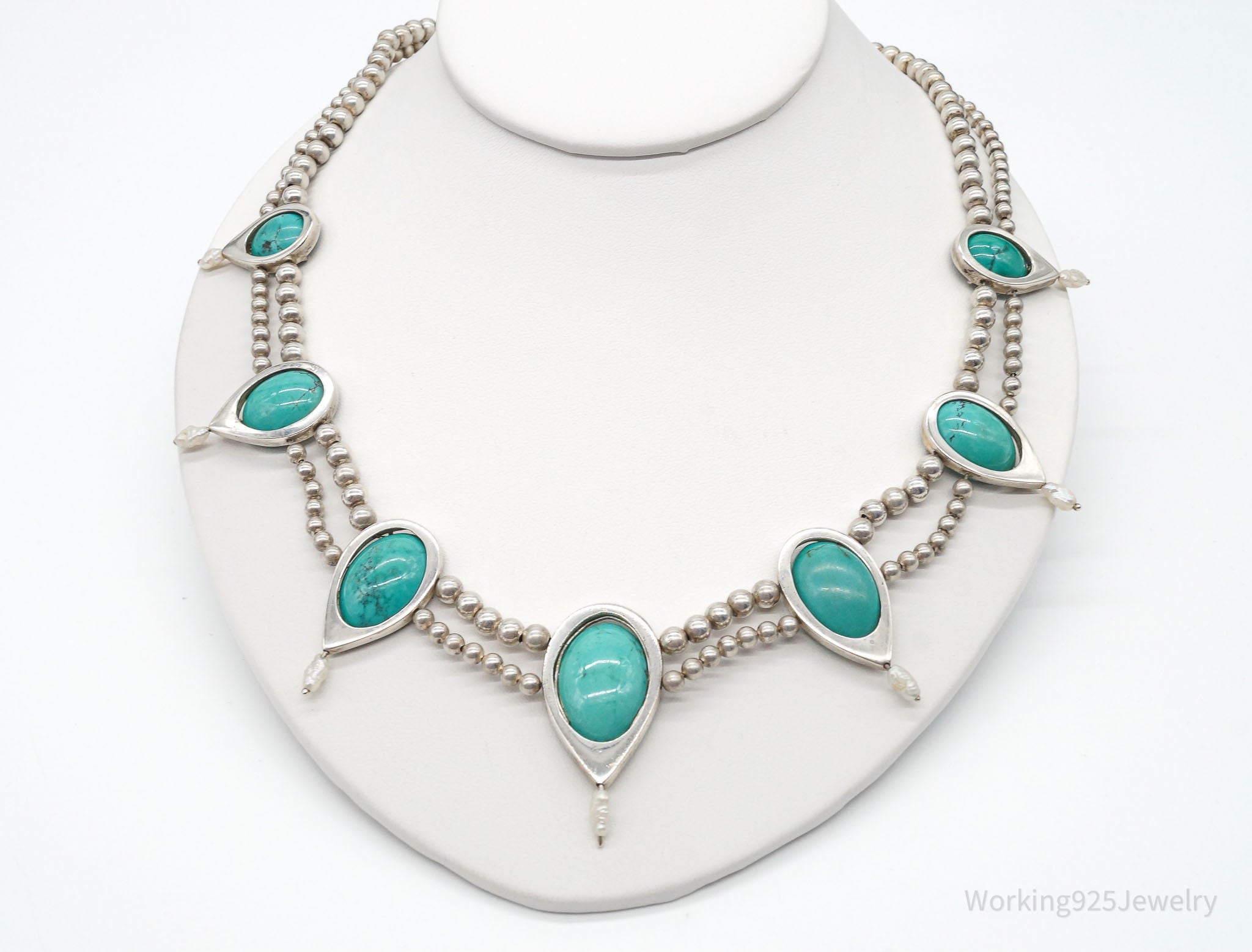 Vintage Designer Carolyn Pollack Turquoise Sterling Silver Bead Necklace