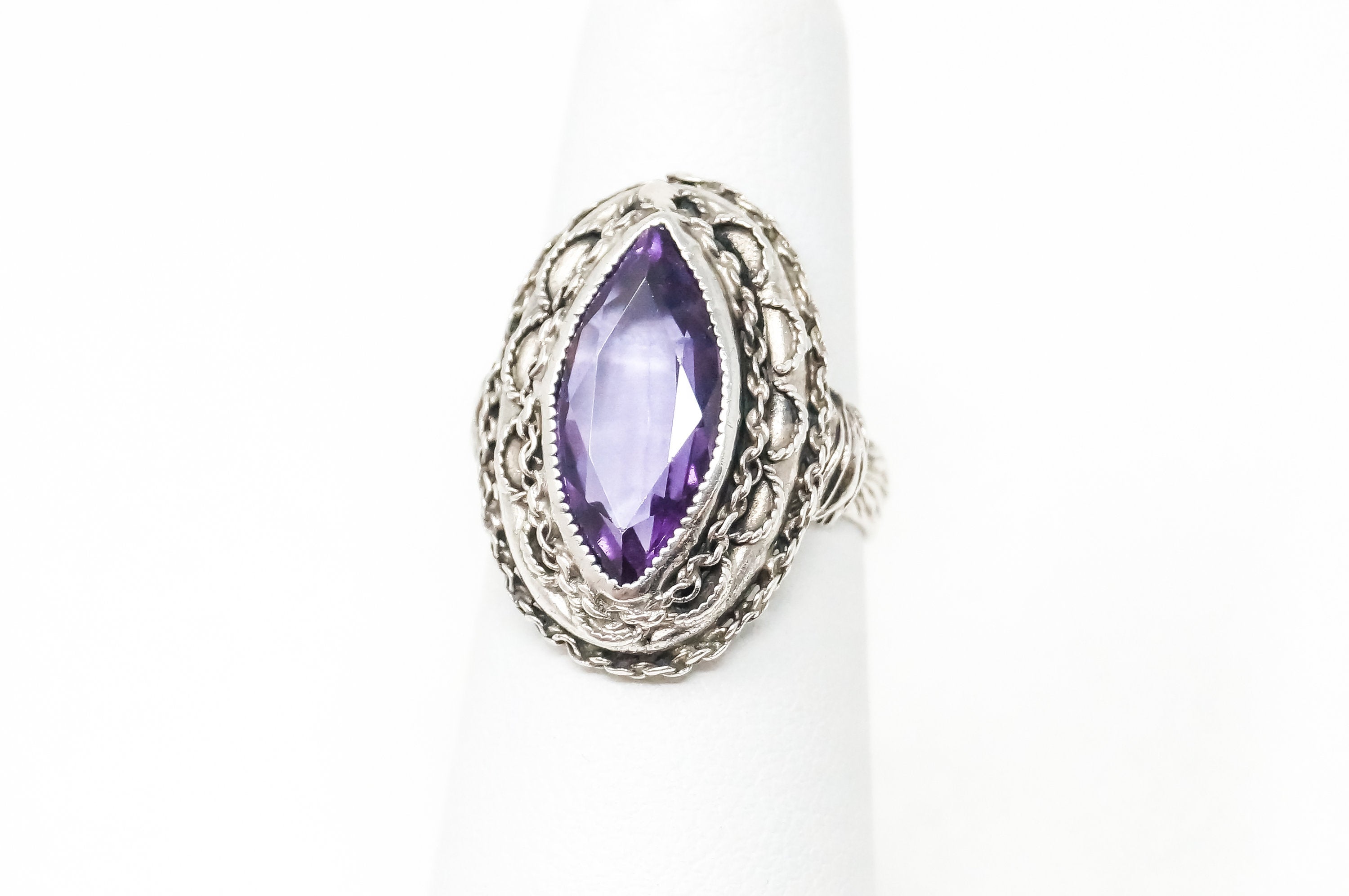 Vintage Art Deco Amethyst Sterling Silver Ring - Sz 4.5 - 785070524