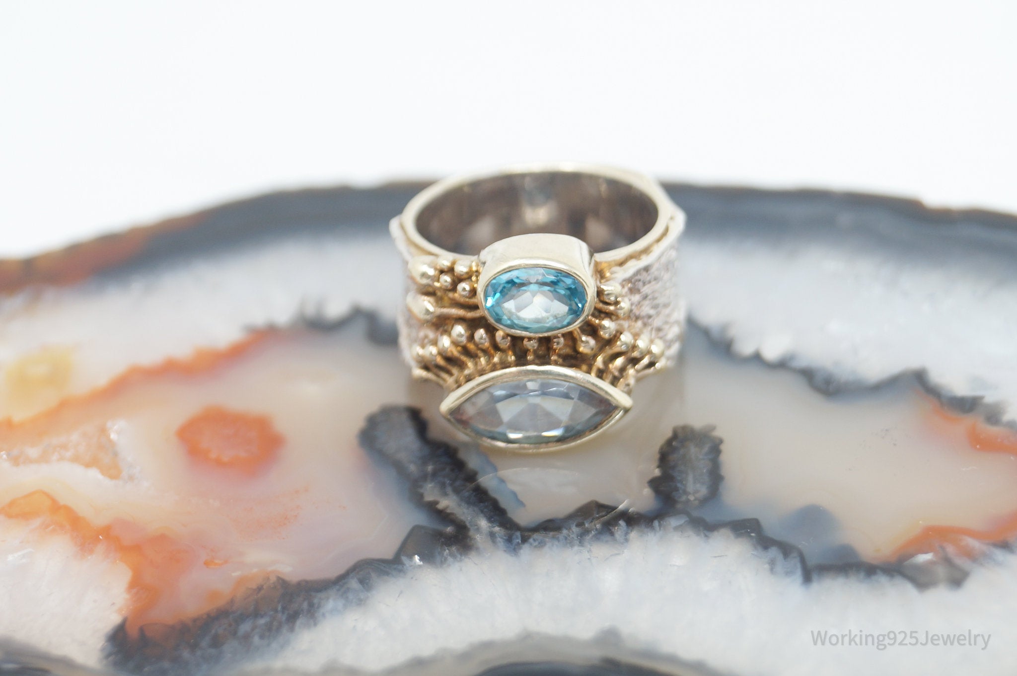 Vintage Designer Blue Topaz Sterling Silver Gold Wash Two Tone Ring - Size 6.5