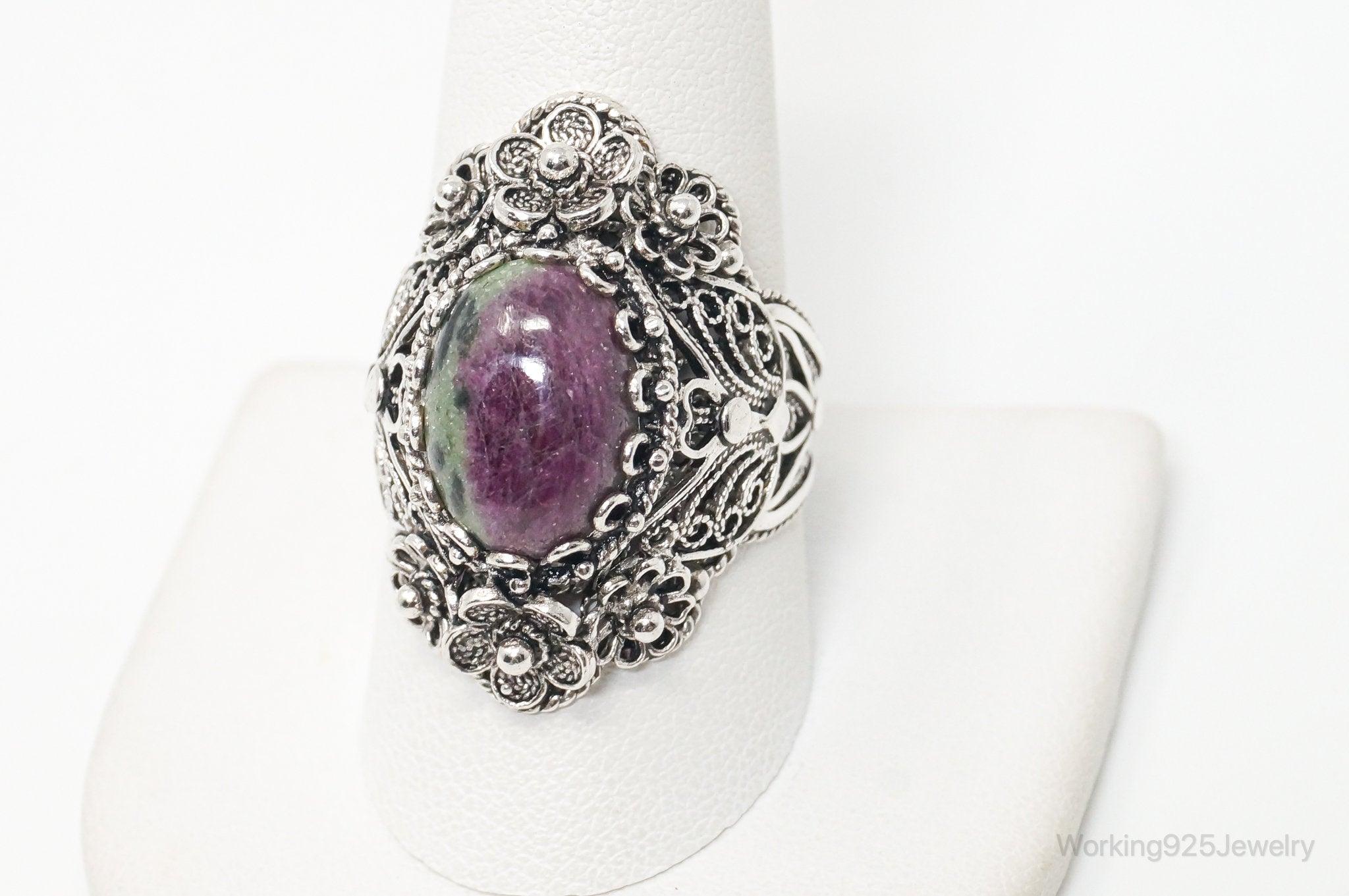 Vintage Designer DGS Ruby Zoisite Filigree Sterling Silver Ring - Size 10