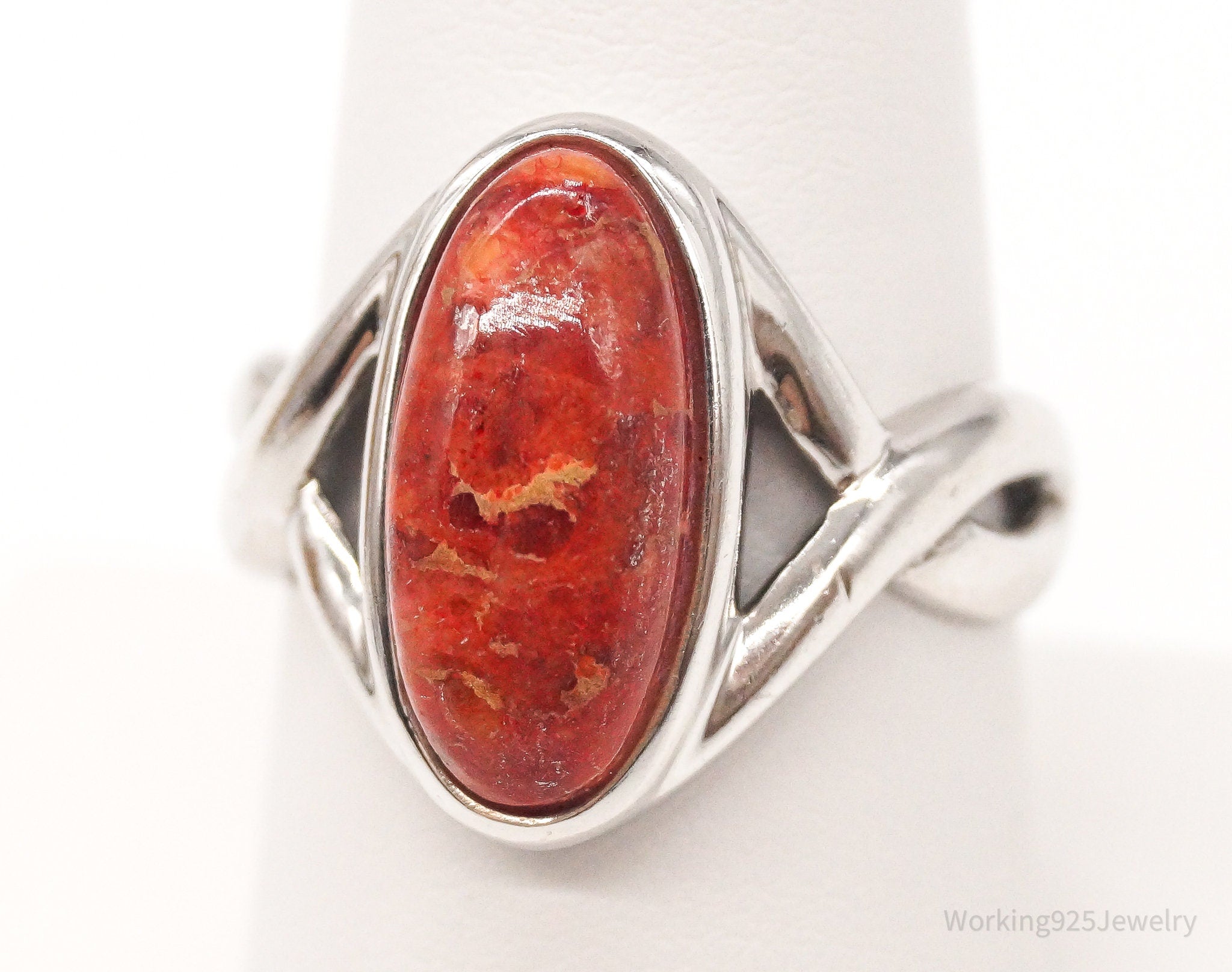 Designer BBJ Red Coral Sterling Silver Ring - Size 8.25