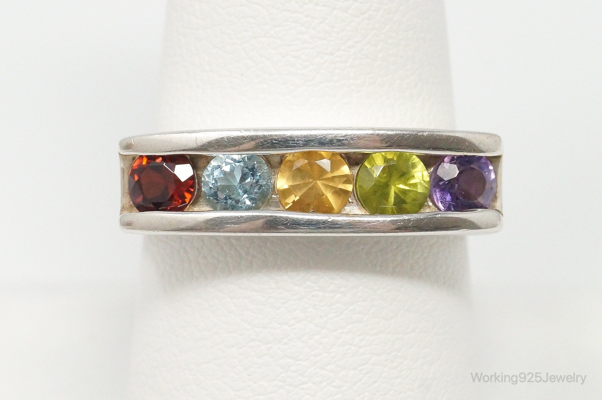 Vintage Designer Multi Gem Rainbow Sterling Silver Ring - Size 9