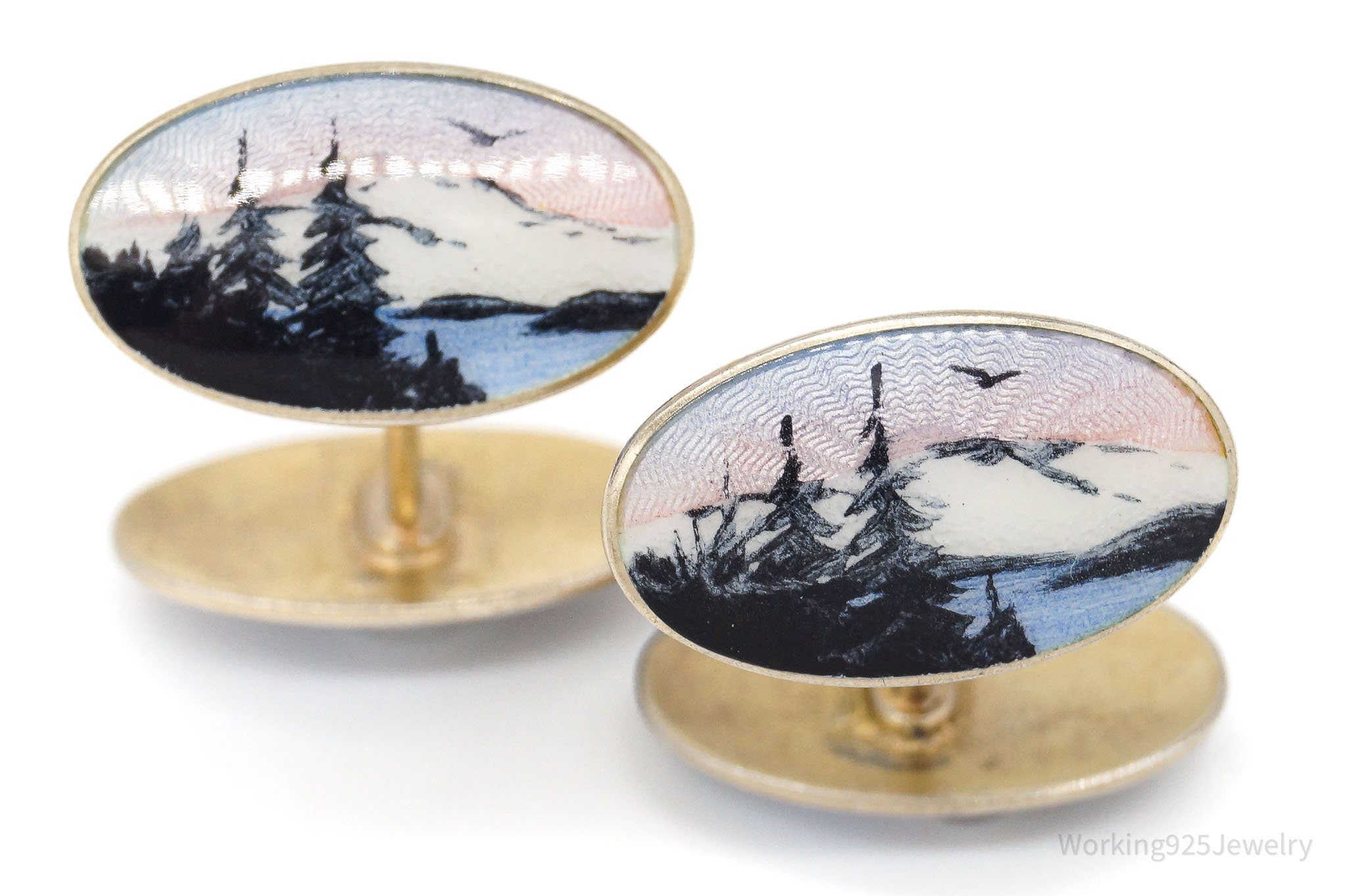 RARE Vintage Aksel Holmsen Enamel Mountain Gold Wash Sterling Silver Cufflinks