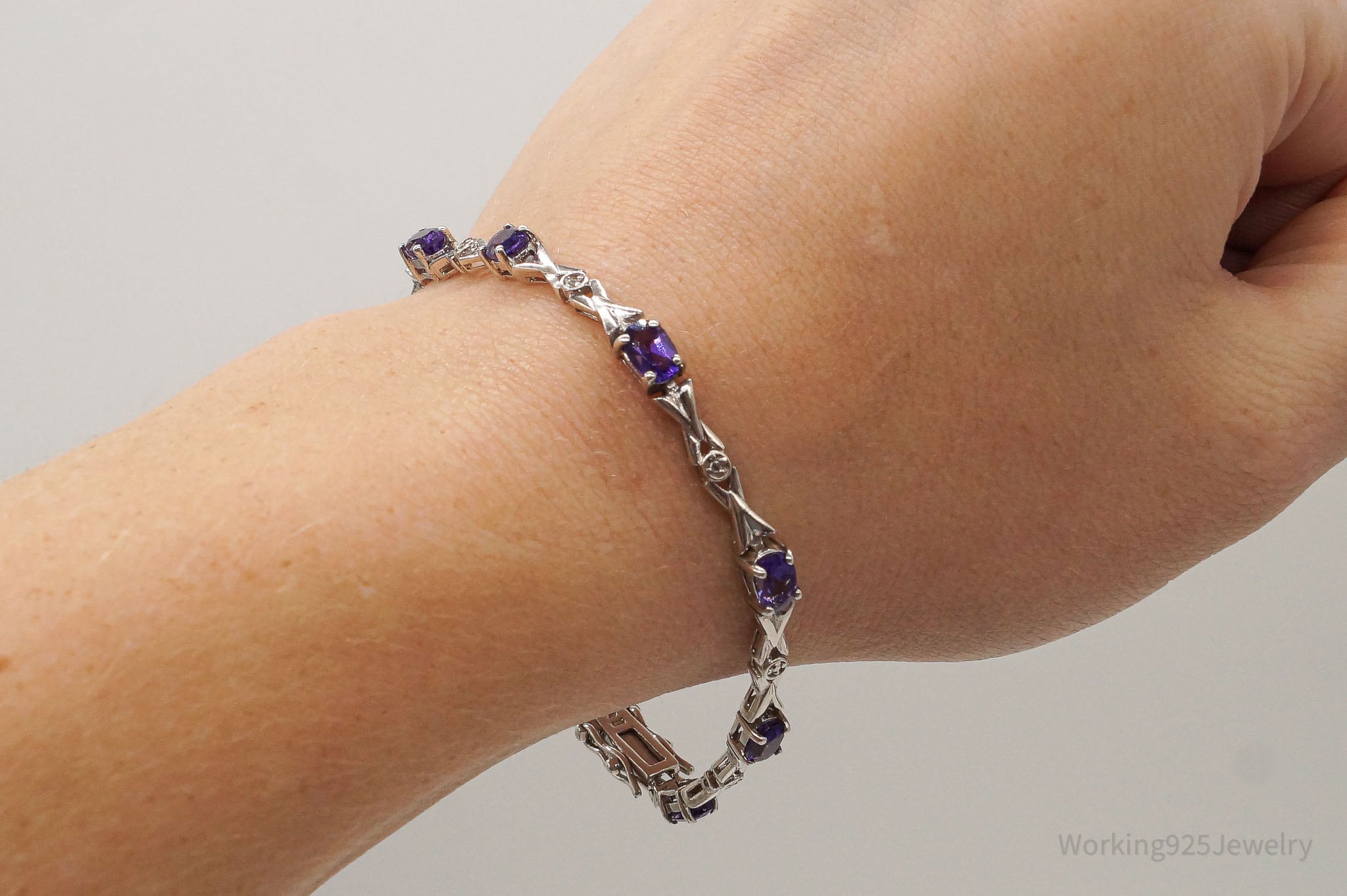 Vintage Amethyst Two Diamonds Sterling Silver Bracelet