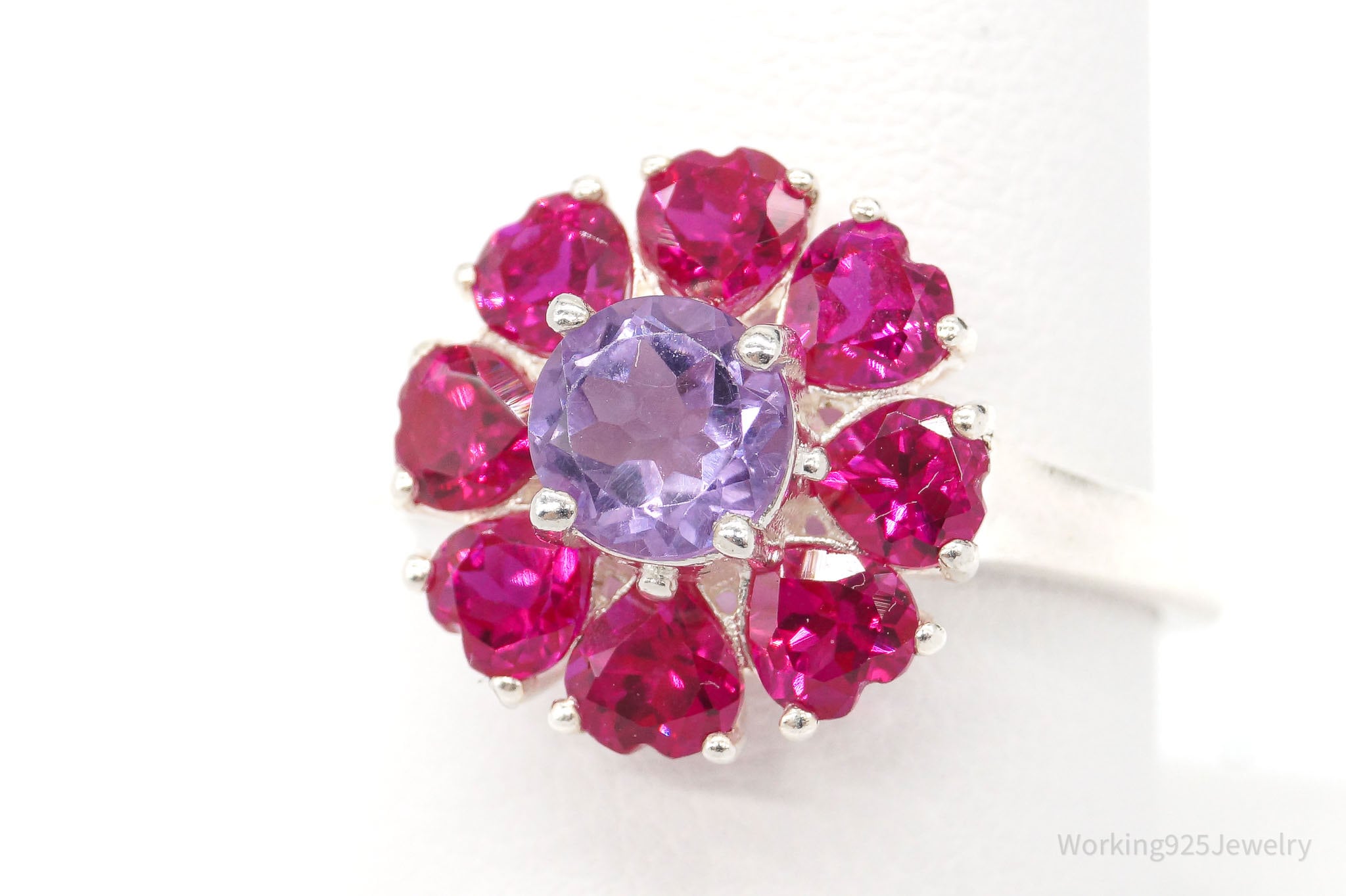 Vintage Amethyst Ruby Hearts Flower Sterling Silver Ring Size 8.75