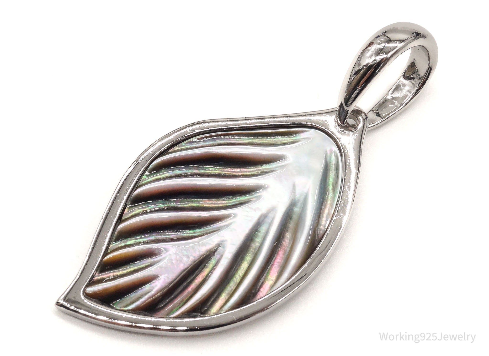 Large Vintage Carved Abalone Shell Sterling Silver Leaf Pendant