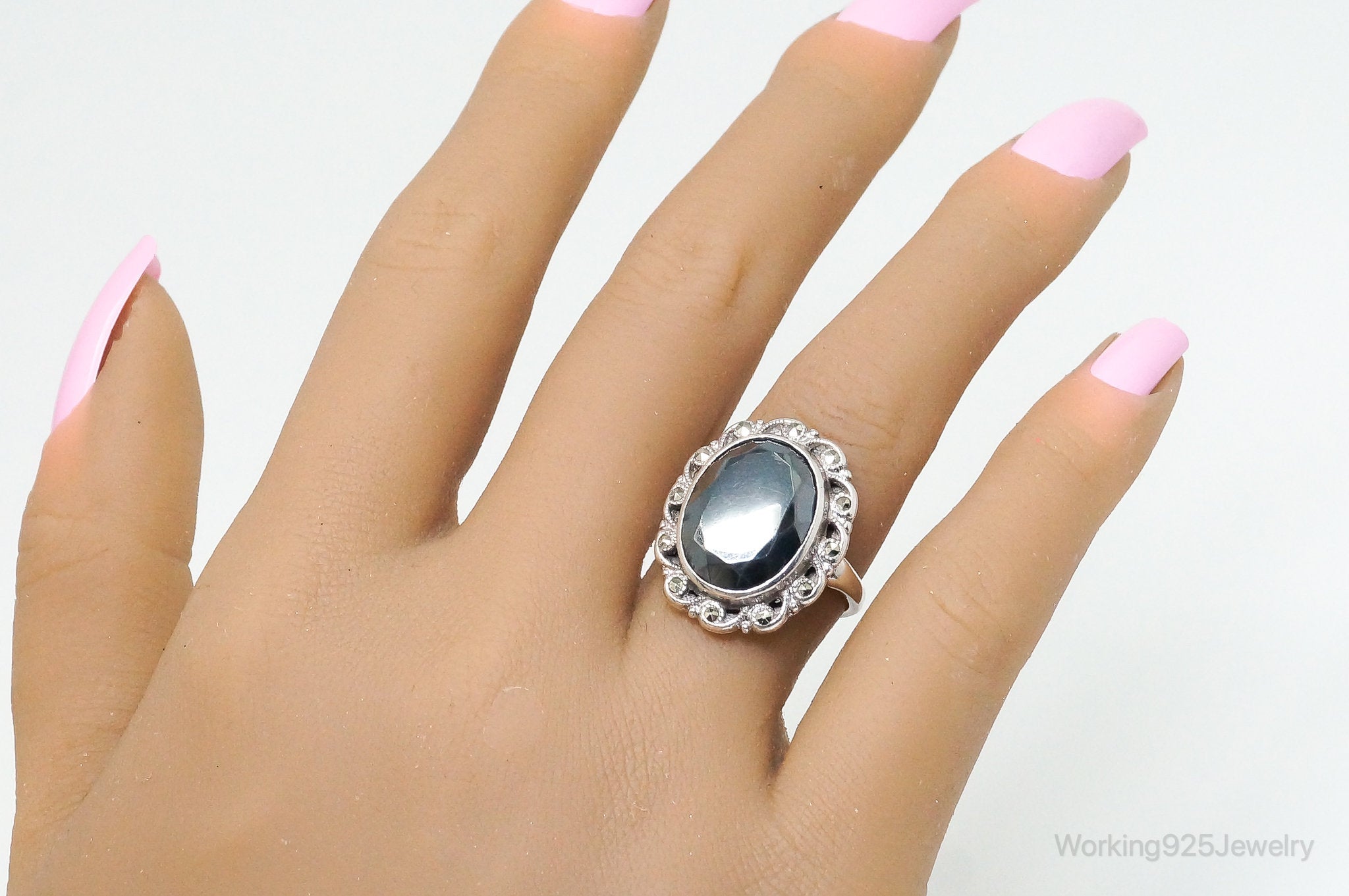 Antique Clark & Coombs Hematite Marcasite Sterling Silver Ring SZ 7.25