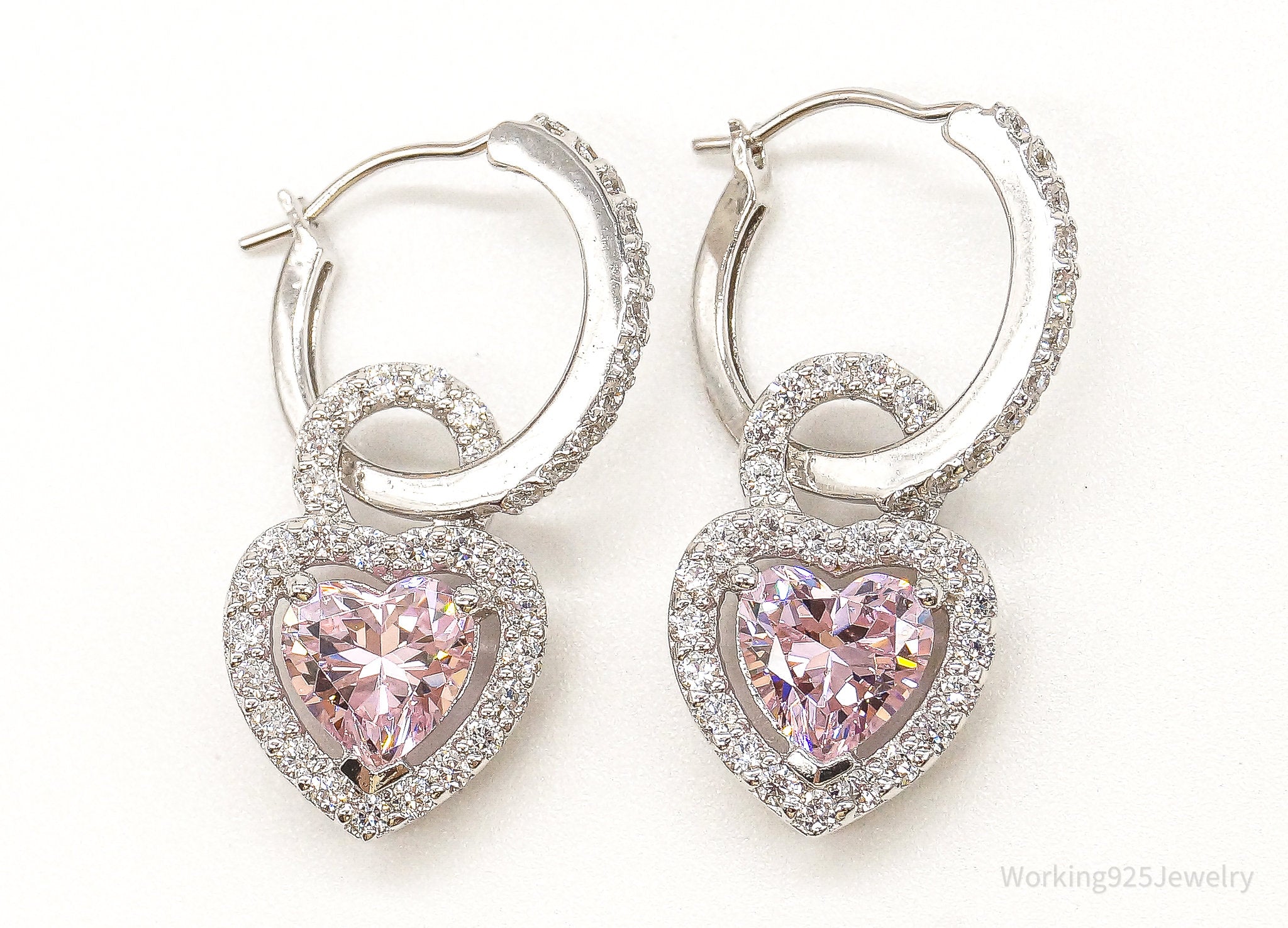 Pink & White Cubic Zirconia Hearts Sterling Silver Earrings