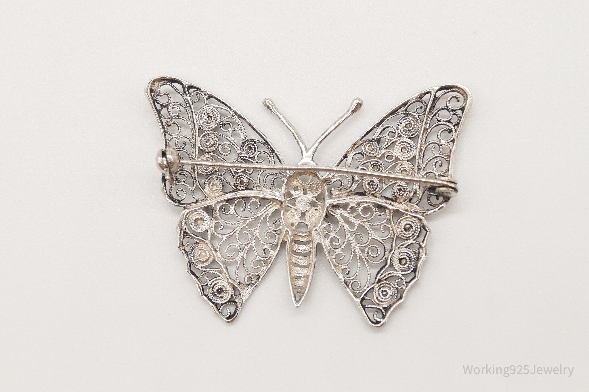 Large Antique Filigree Butterfly Sterling Silver Brooch Pin