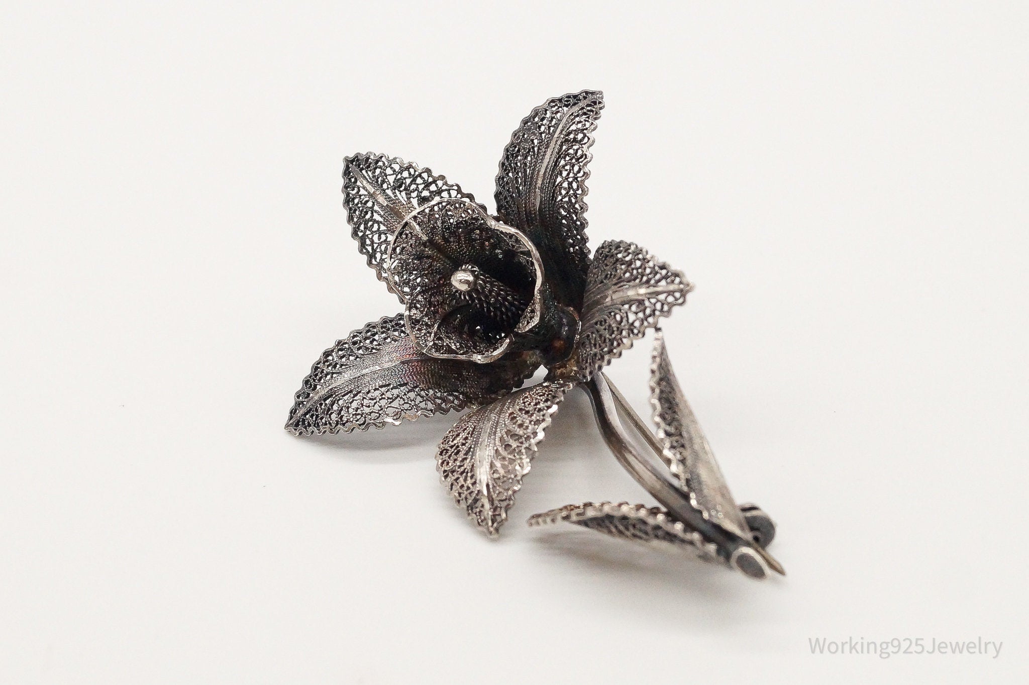 Large Antique Filigree Flower Silver Brooch Pin