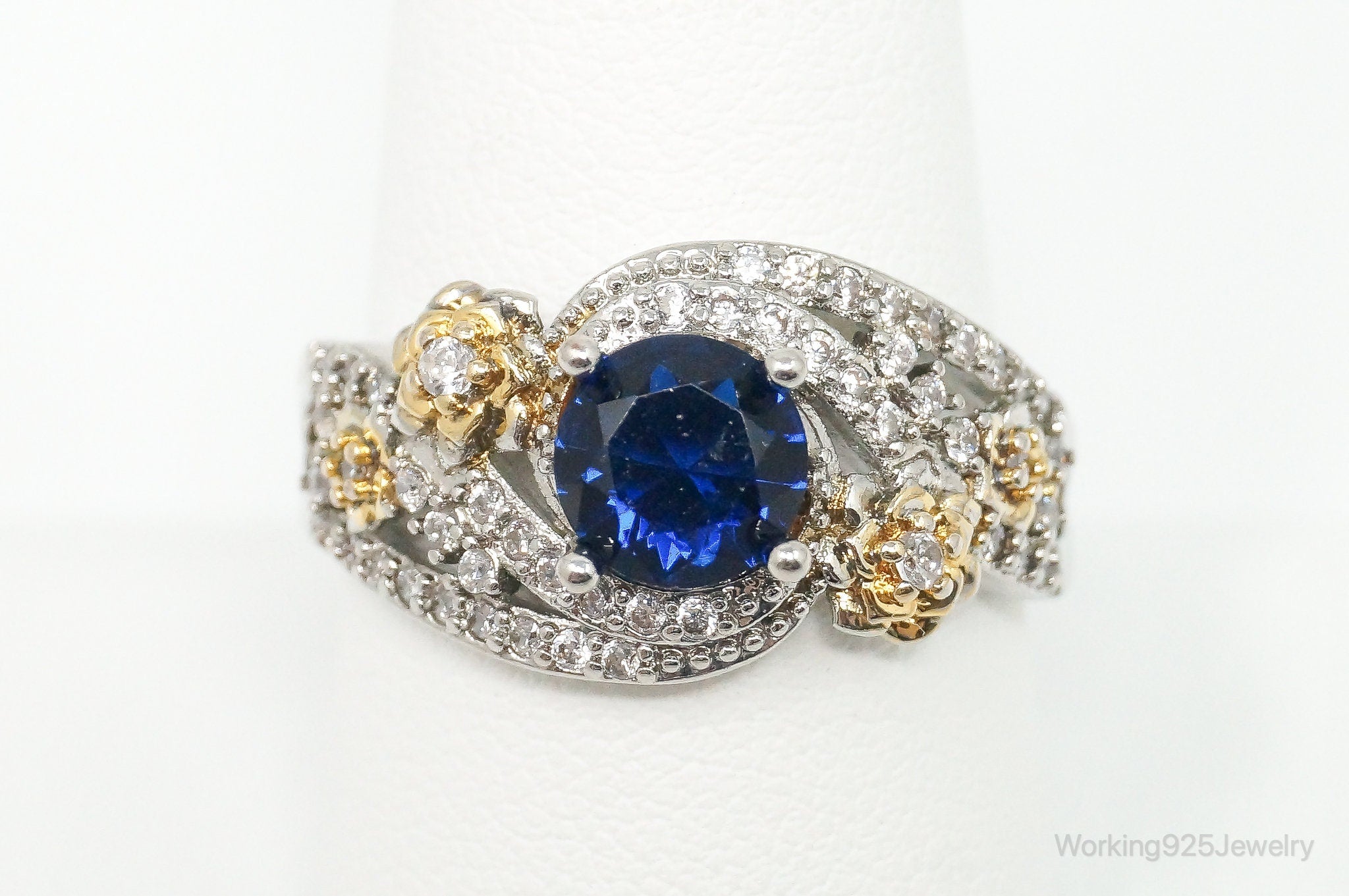 Lab Sapphire Cubic Zirconia Good Vermeil Sterling Silver Ring - Size 9.5