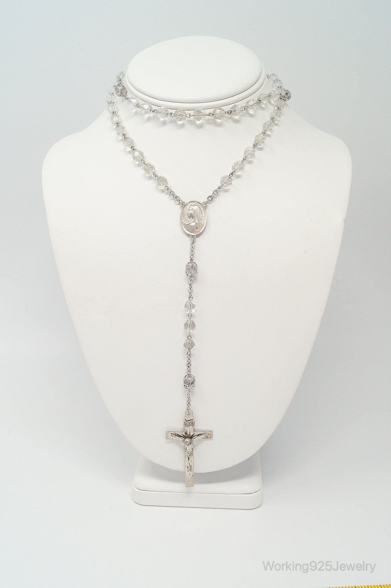 Vintage Crystal Beaded Rosary Cross Sterling Silver Necklace