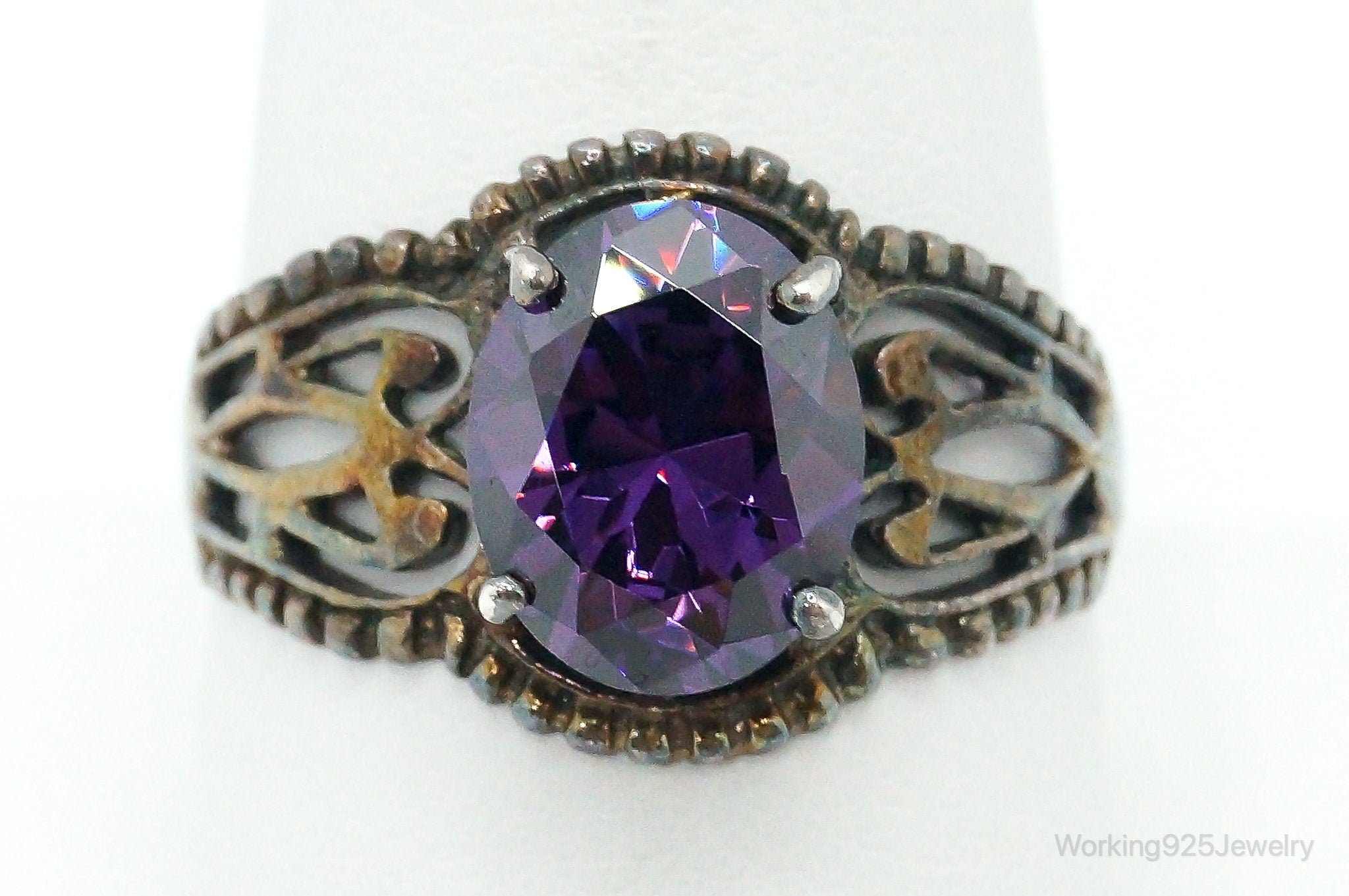 Vintage Amethyst Oxidized Sterling Silver Ring - Size 9