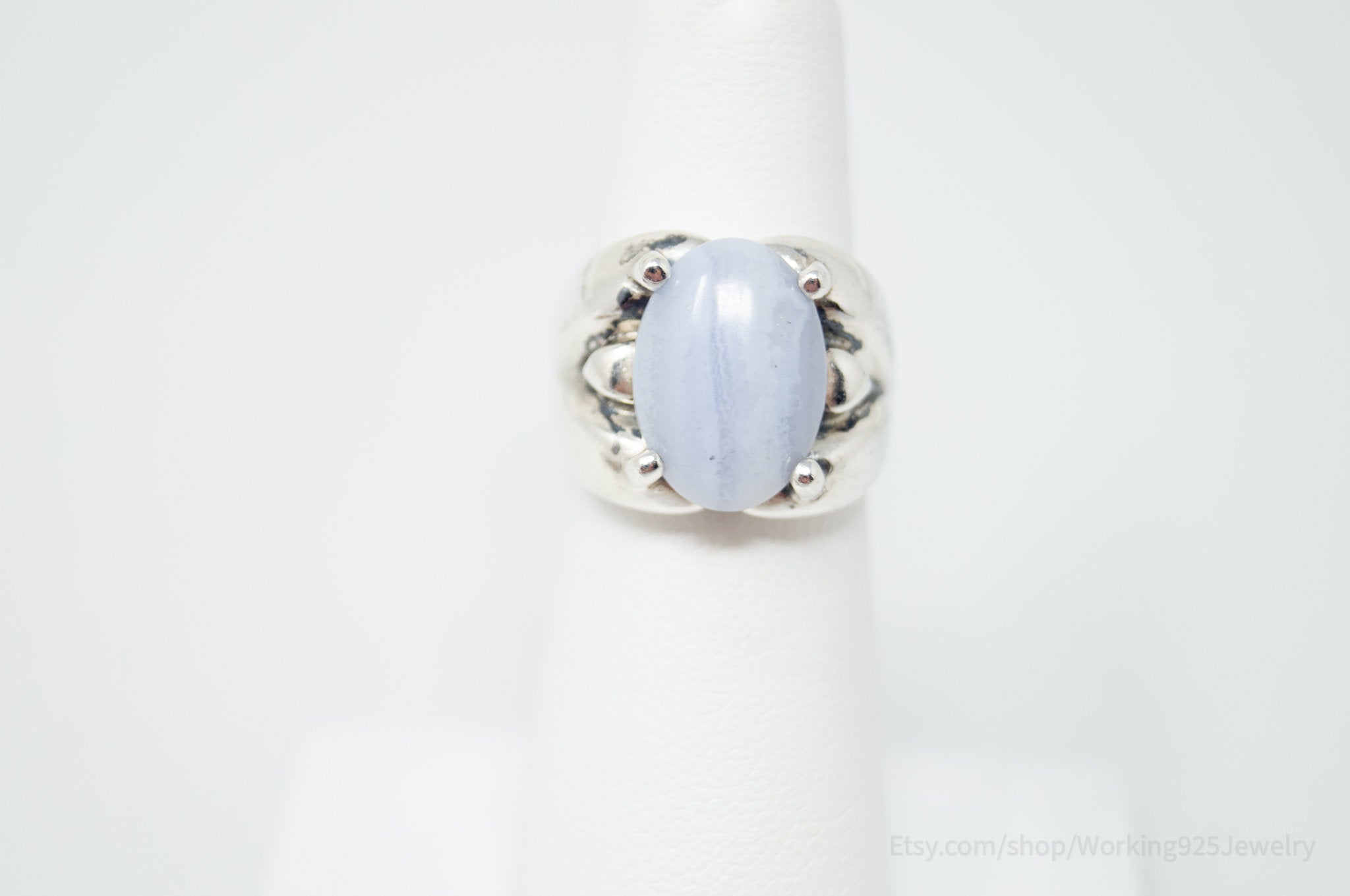 Vintage Designer Kabana Blue Lace Agate Western Sterling Silver Ring - Size 5