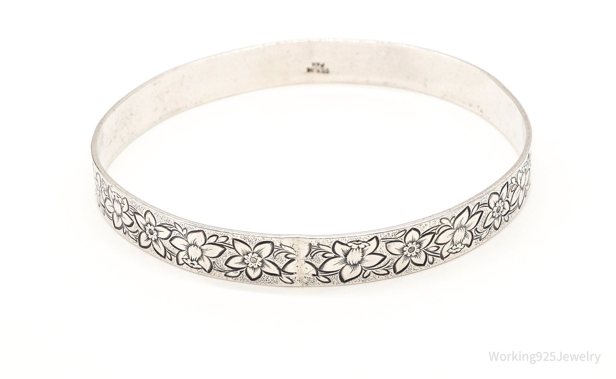 Antique Flowers Motif Sterling Silver Bangle Bracelet