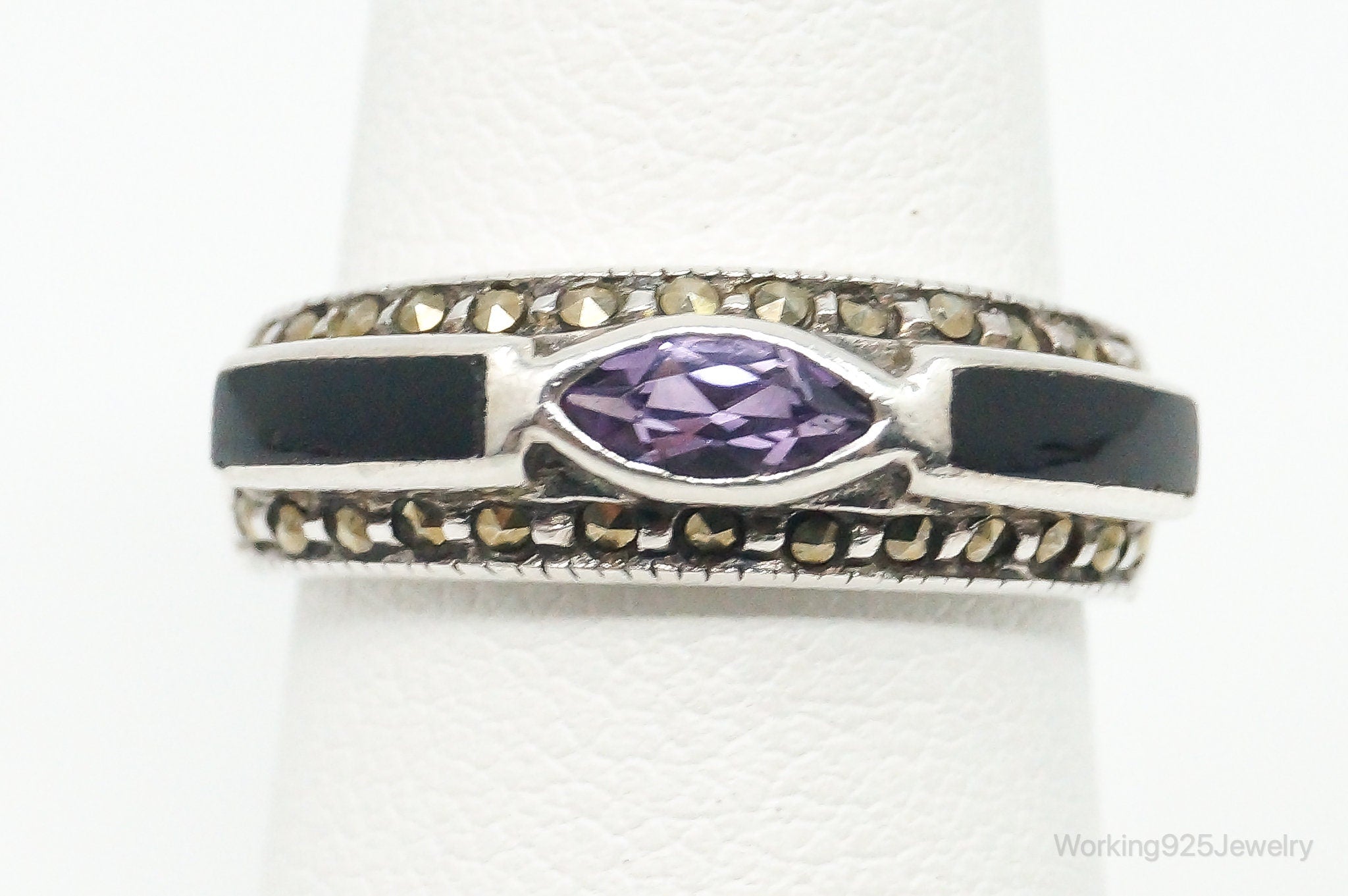 Vintage Amethyst Black Onyx Marcasite Sterling Silver Ring - Size 6